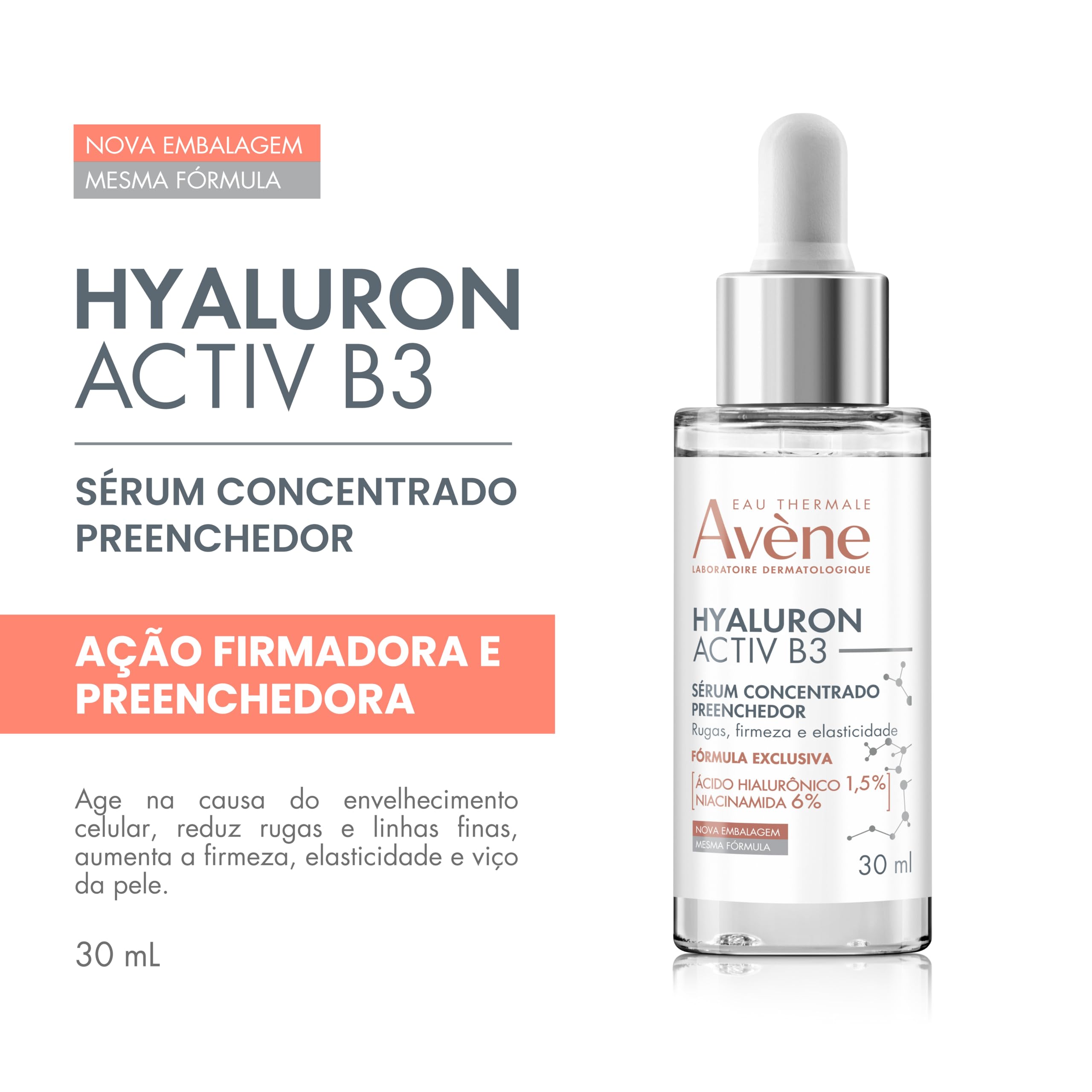 Eau Thermale Avène Hyaluron Activ B3 plumping anti-aging skin serum in a 1 fl oz bottle, featuring a sleek pump dispenser.