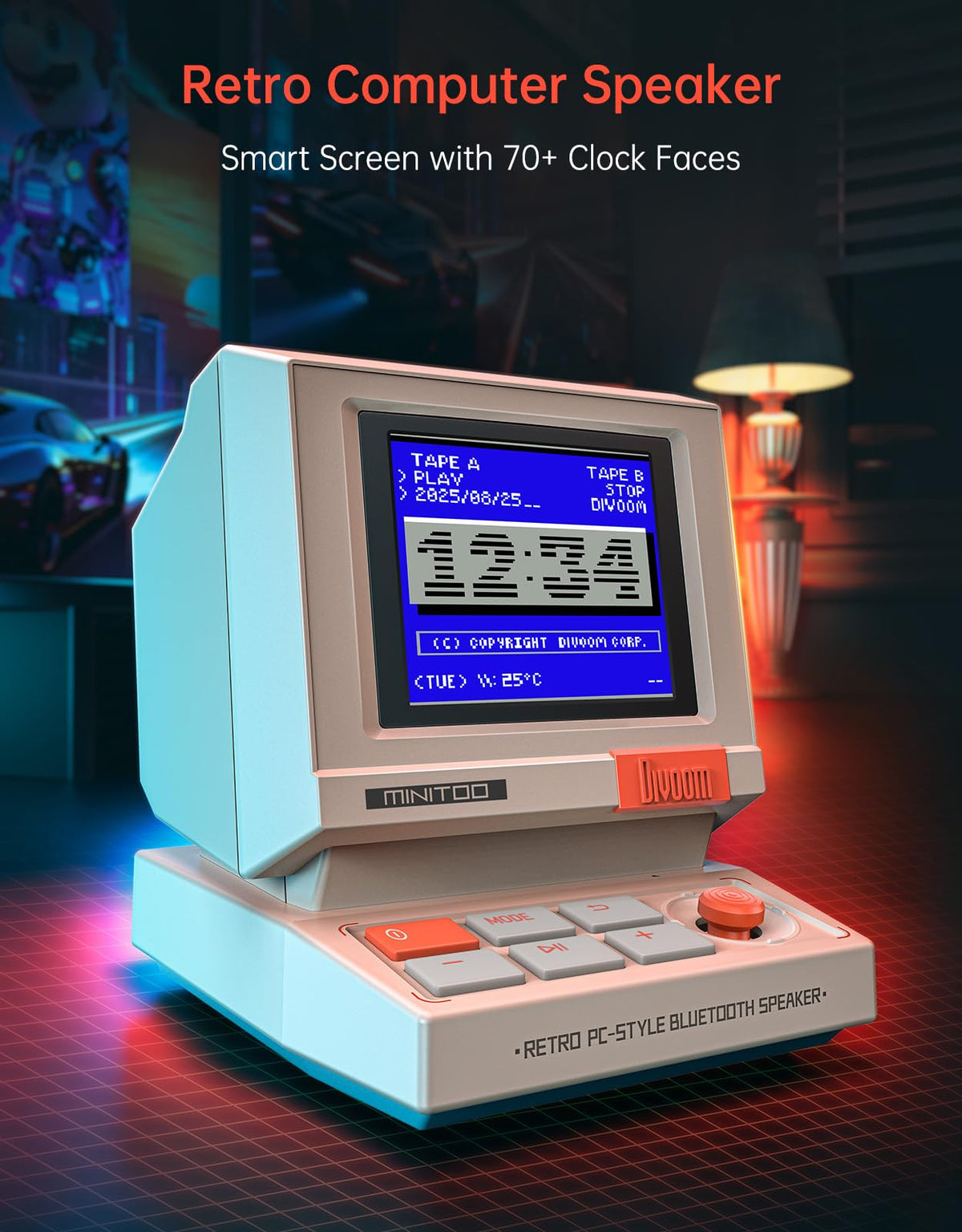 Divoom MiniToo Retro PC-Style Computer Speaker, Pixel Screen with DIY Faces – Beige, Plastic, 1.87 inches