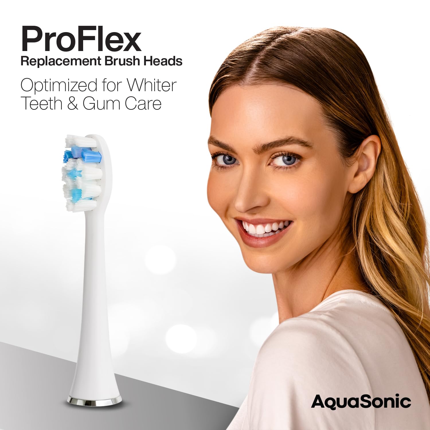 Eight AquaSonic genuine Proflex replacement toothbrush heads for whitening teeth and gum care, compatible with AquaSonic toothbrush handles.