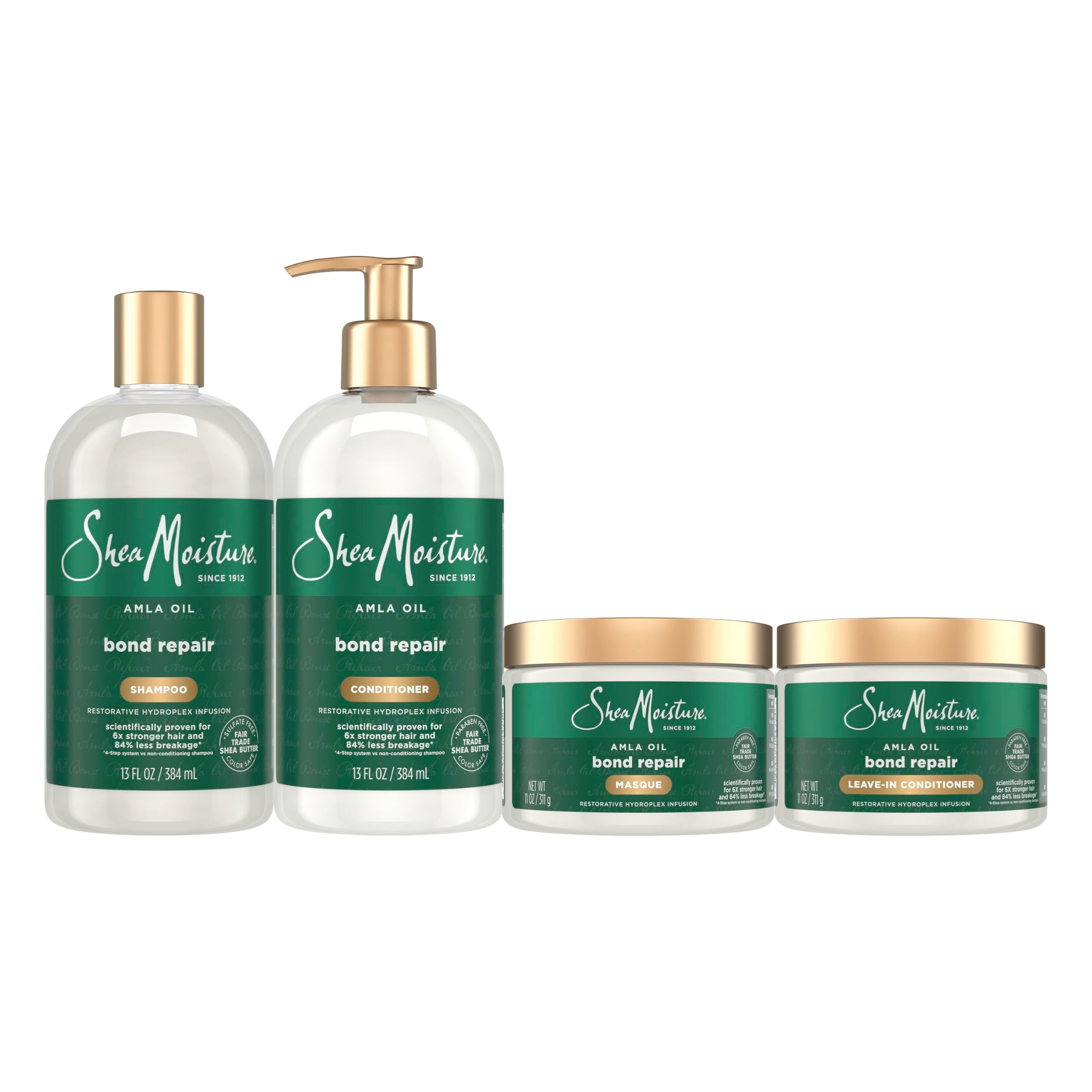 Shea Moisture Bond Repair Kit with Amla Oil, 4-piece set, includes hair cleaner and conditioner for damaged hair repair.