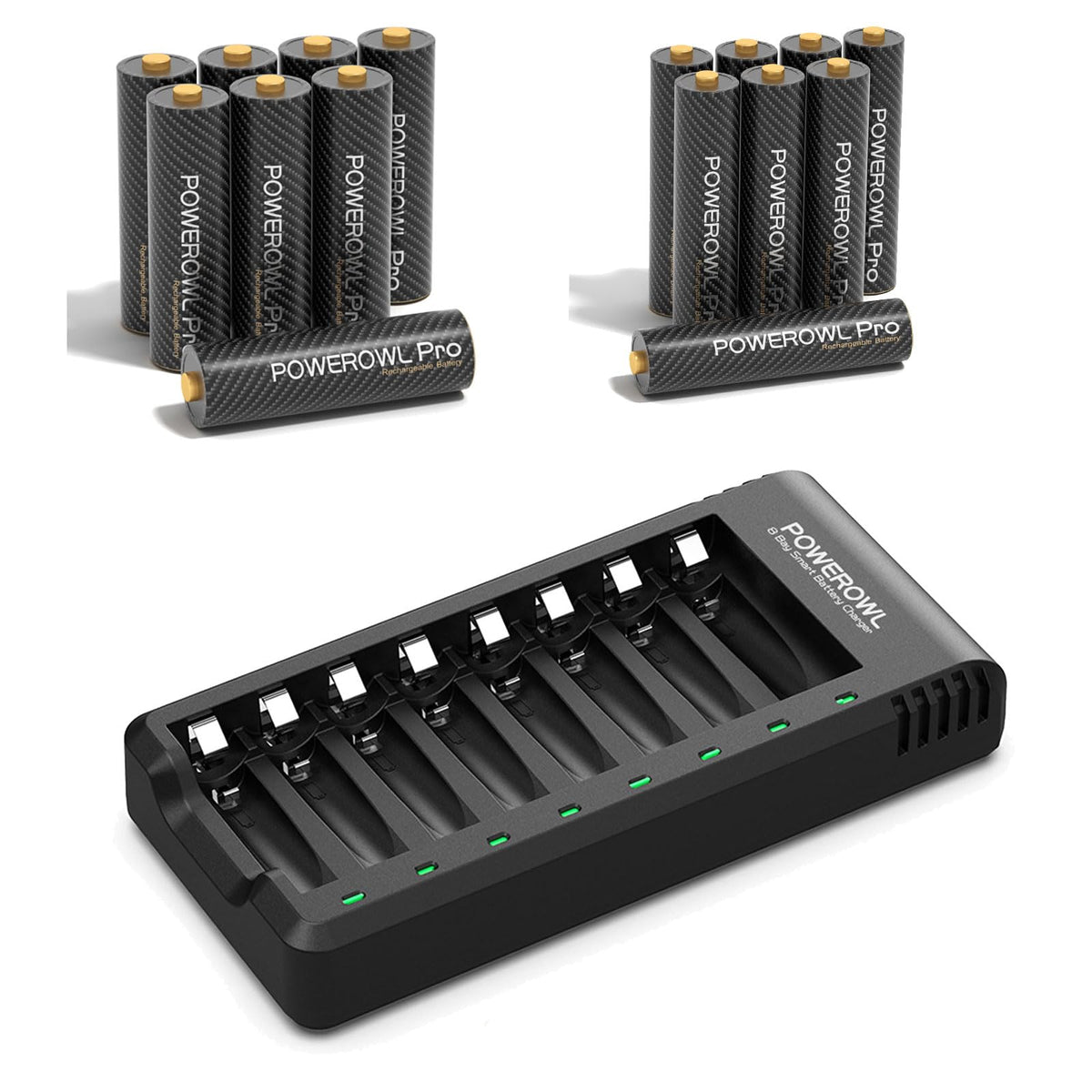Gold top Rechargeable AA AAA Batteries PRO w Charger 8 8 - POWEROWL Official Imagery - 2