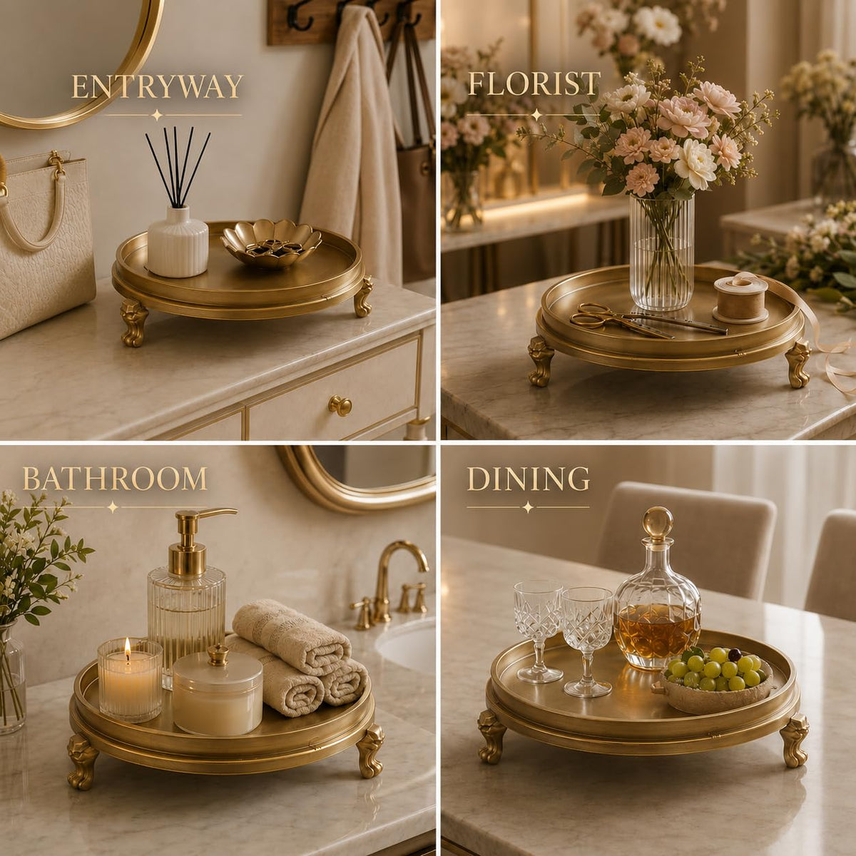 OOGKA Vintage Brass Clawfoot Tray, Round Pedestal Candle Holder and Jewelry Dish – back view and specifications