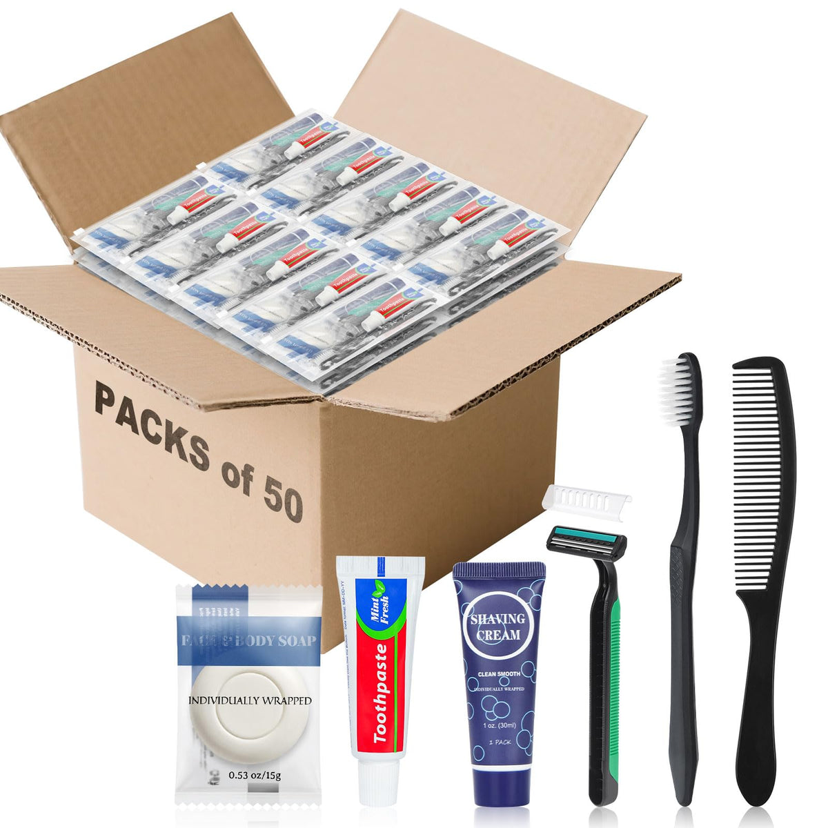 50 Pack Travel Toiletry Kit Bulk 6 in 1 Disposable Personal - HQSLsund Official Imagery - 2