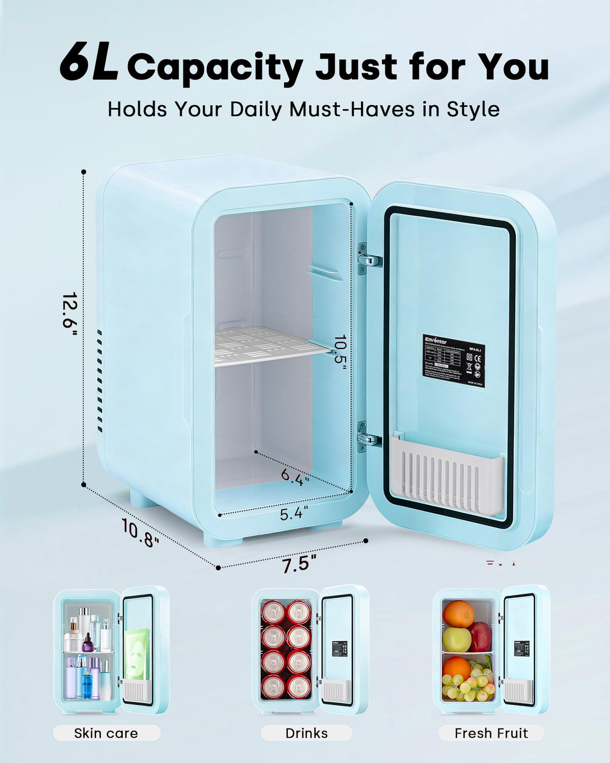 Enventor Mini Fridge, 6 L/8 Can Skincare Fridge, Small Fridge for Bedroom – close-up detail in Blue