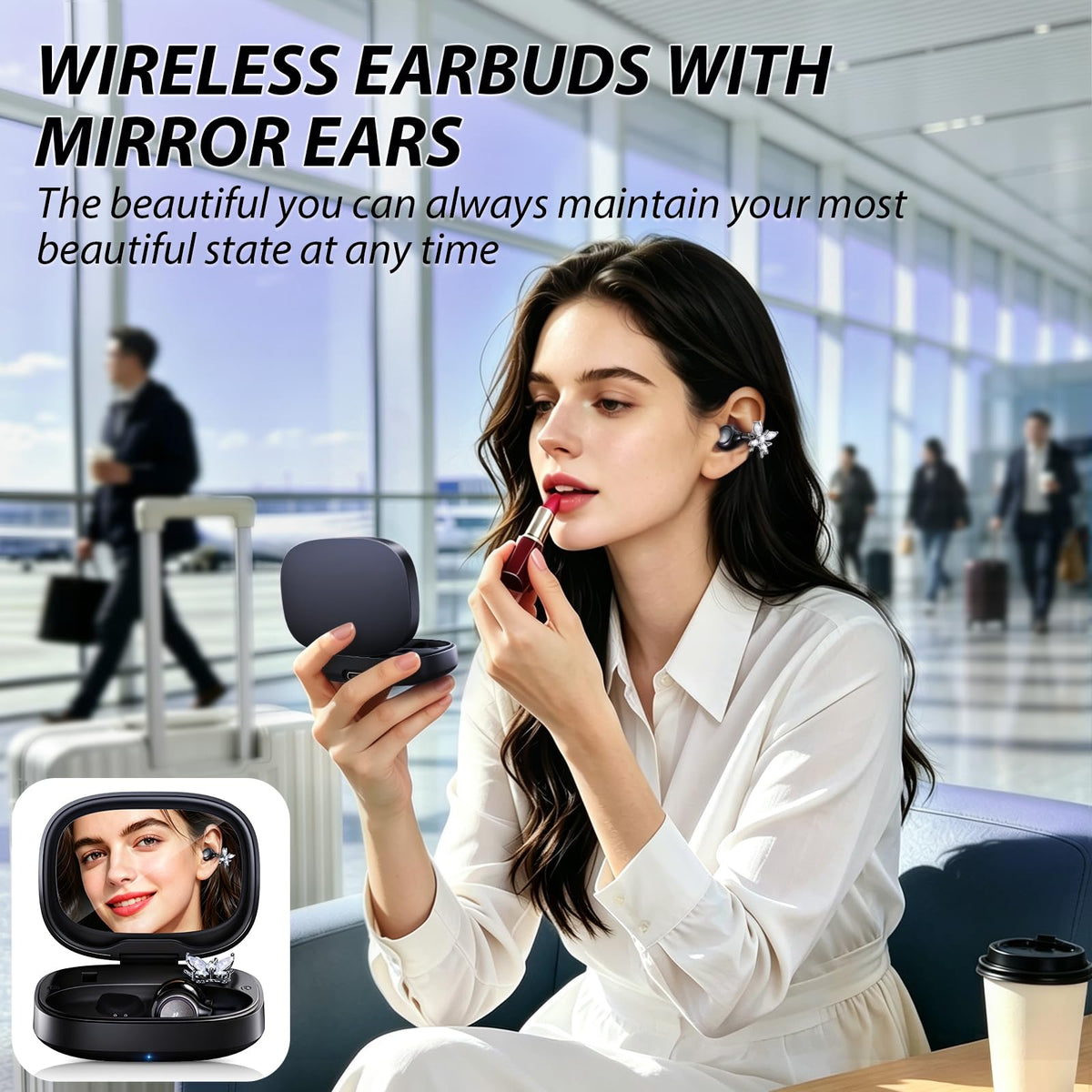 CHENRUIDA Clip On Earbuds Wireless Earring-in Case with Mirror(Black) – full view