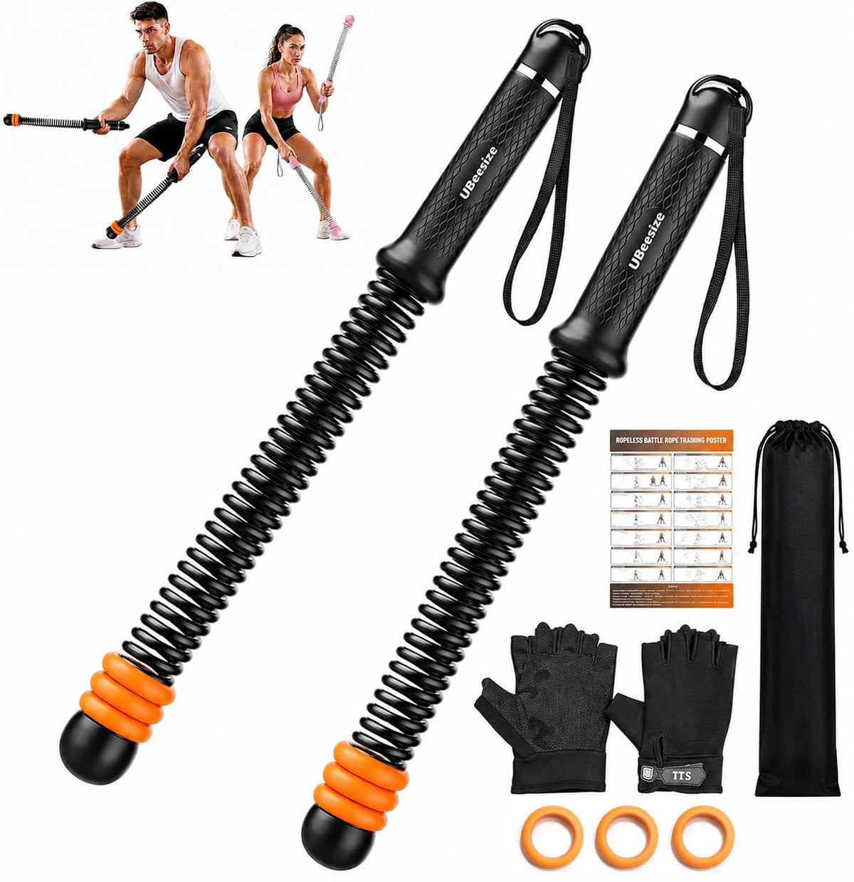 UBeesize Weighted Ropeless Battle Rope Fitness Kit with Gloves & Bag