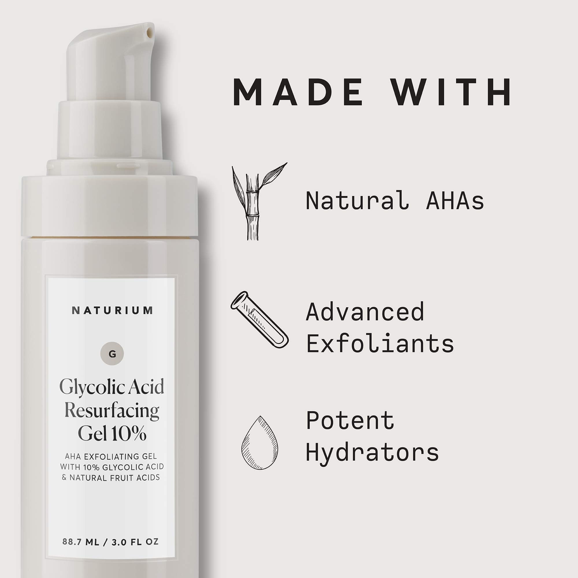 Naturium Glycolic Acid Resurfacing Gel, AHA exfoliating gel with natural fruit acids, 3 oz, in a clear tube.