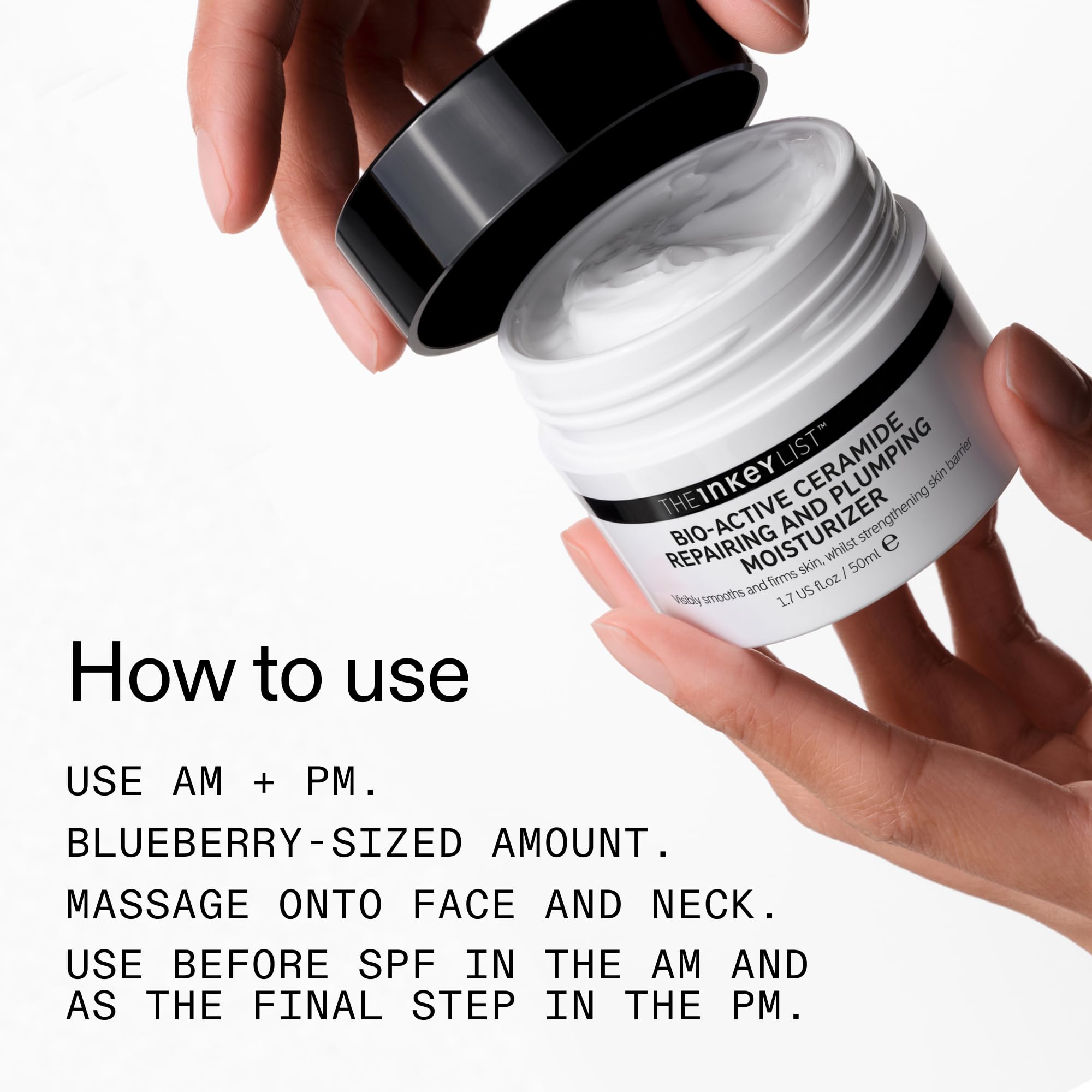The INKEY List Bio-Active Ceramide Moisturizer 50ml, a skincare moisturizer with ceramides, shown in a clear jar with a white lid.
