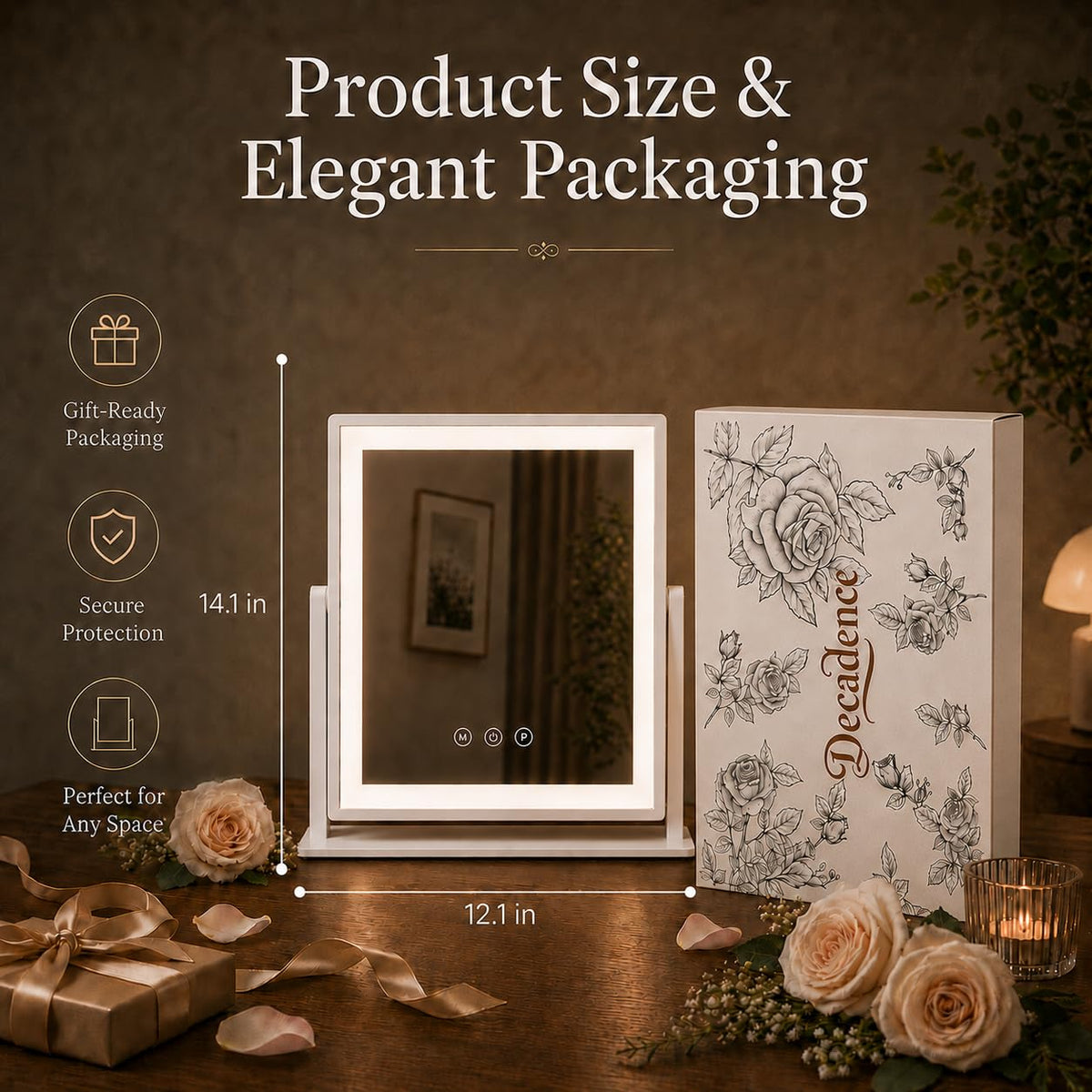 DECADENCE 14.1 x 12.1 in Lighted Makeup Mirror, 10X/5X Magnifiers – close-up detail in White