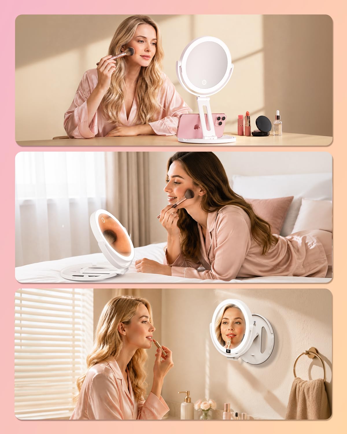 VEXOOX Foldable Travel Makeup Mirror with Light and Magnification, White – back view and specifications