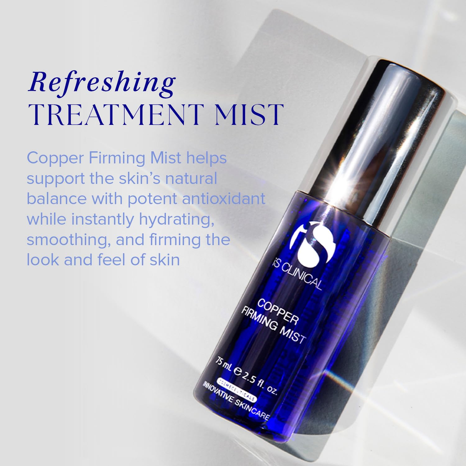 iS CLINICAL Copper Firming Mist, a hydrating skin moisturizer spray for toning, firming, and setting makeup.