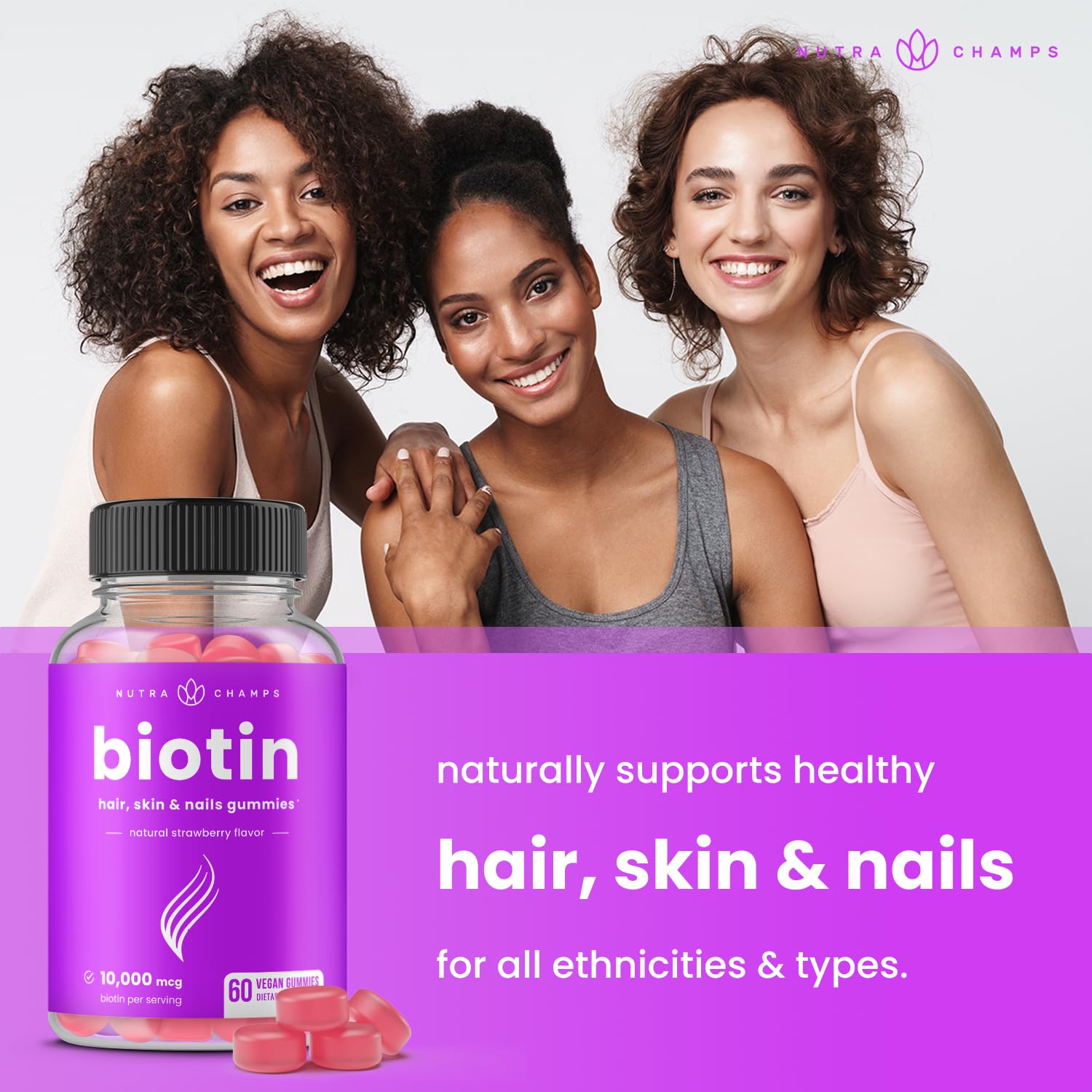 NutraChamps Biotin Gummies 10,000mcg for healthy hair, skin, and nails, vegan, non-GMO, pectin-based, two-pack of vitamin supplements