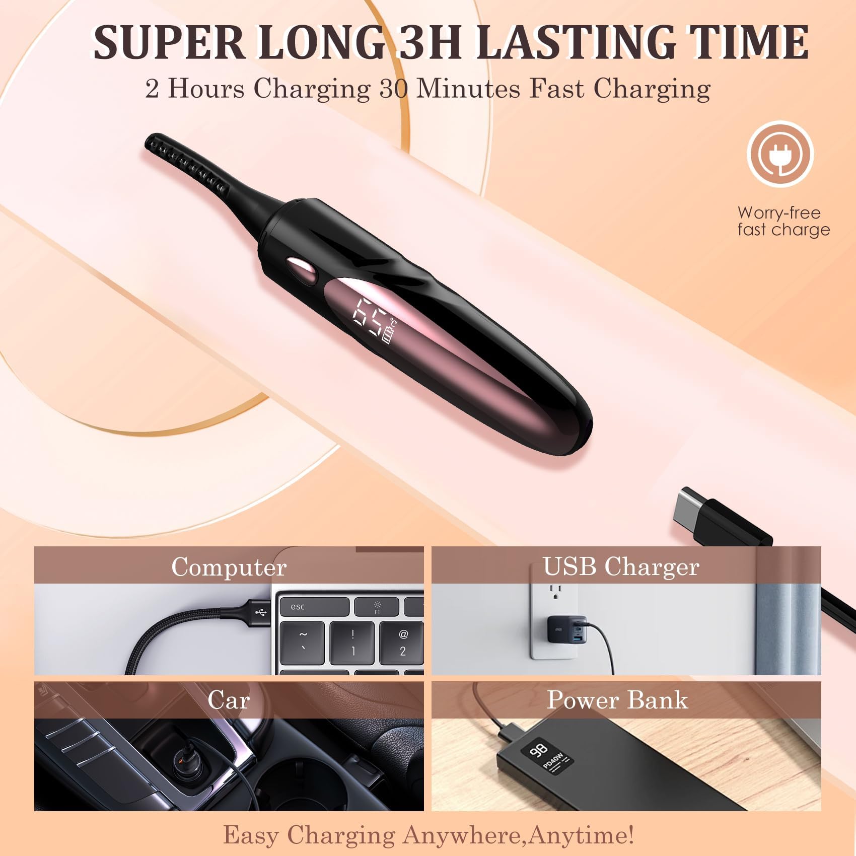 Electric Heated Eyelash Curler - USB Rechargeable with Fast 10s Heat-Up, 24-Hour Long-Lasting Hold, 4 Adjustable Heating Modes & LED Display - Essential Makeup Tool for Perfect Lashes (Black-02)
