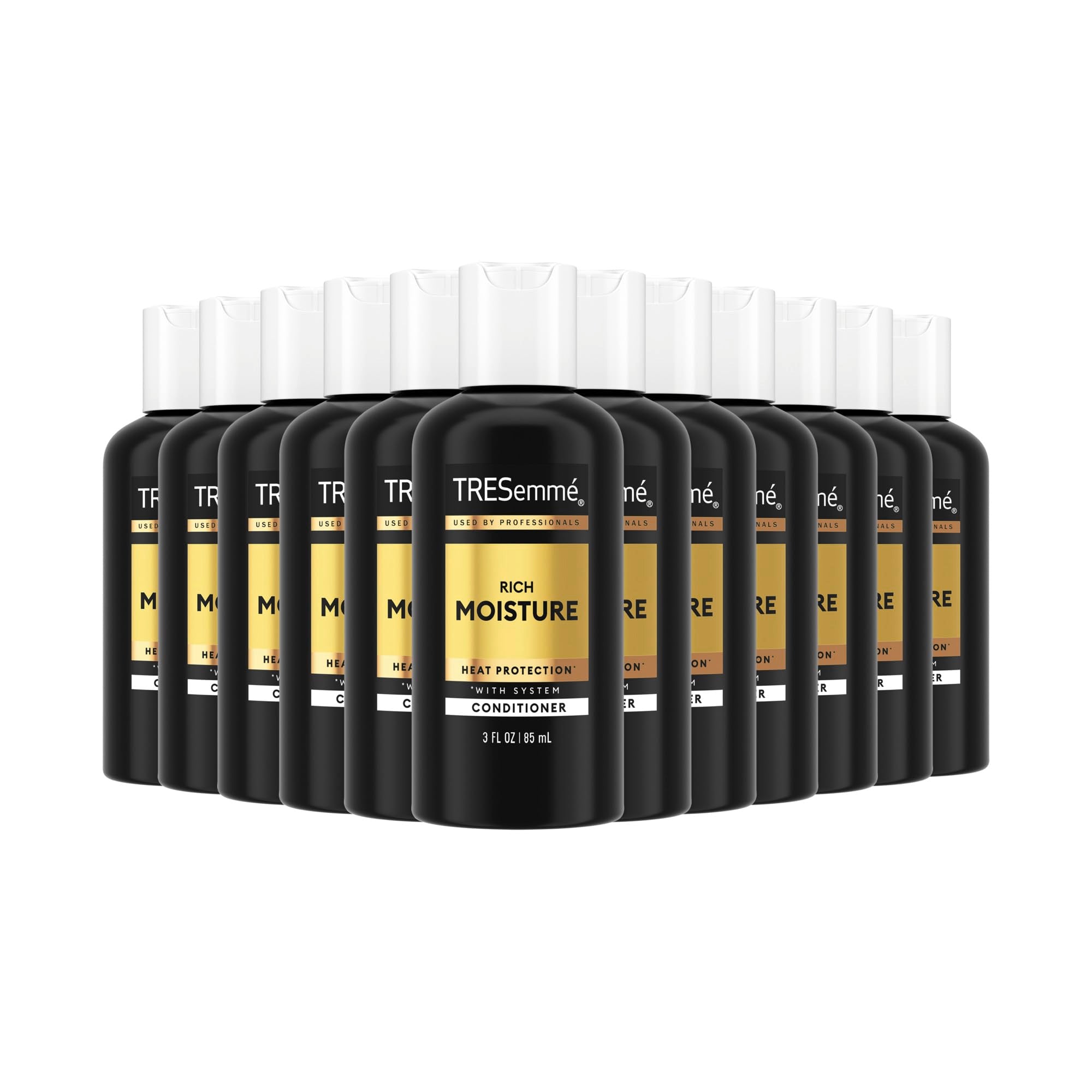 TRESemmé Moisture Rich Conditioner 12-pack, 3 oz bottles, smooth and hydrate hair, displayed in a row.