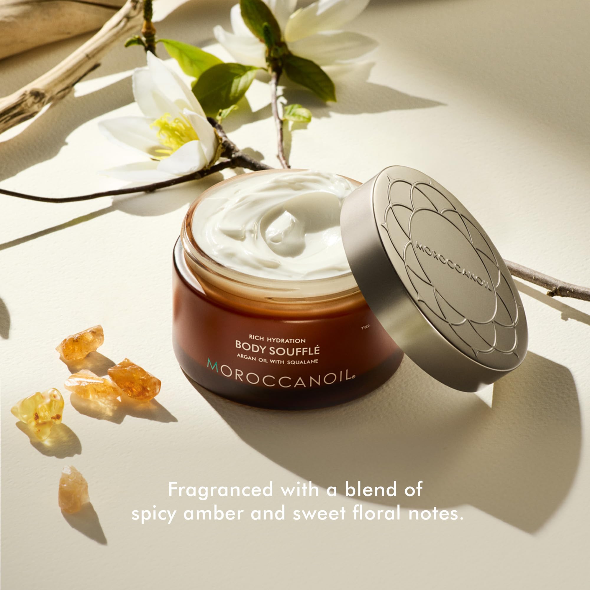Moroccanoil Body Soufflé Fragrance Originale in 6.7 oz jar, showcasing creamy, luxurious body moisturizer with a floral scent.