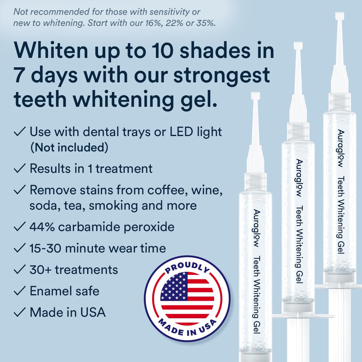 Auraglow 44% Teeth Whitening Gel for Trays, Retainers & Aligners – Dentist Strength Carbamide Peroxide Whitener, 30 Treatments, 3 Syringes (5mL)