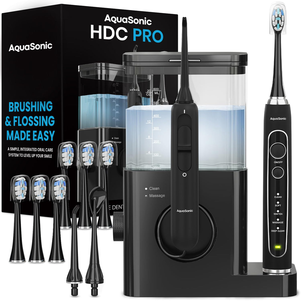 AquaSonic Home Dental Center PRO – Brushing & Flossing Made Easy – Brush & Floss – Power Toothbrush & Water Flosser – Wh