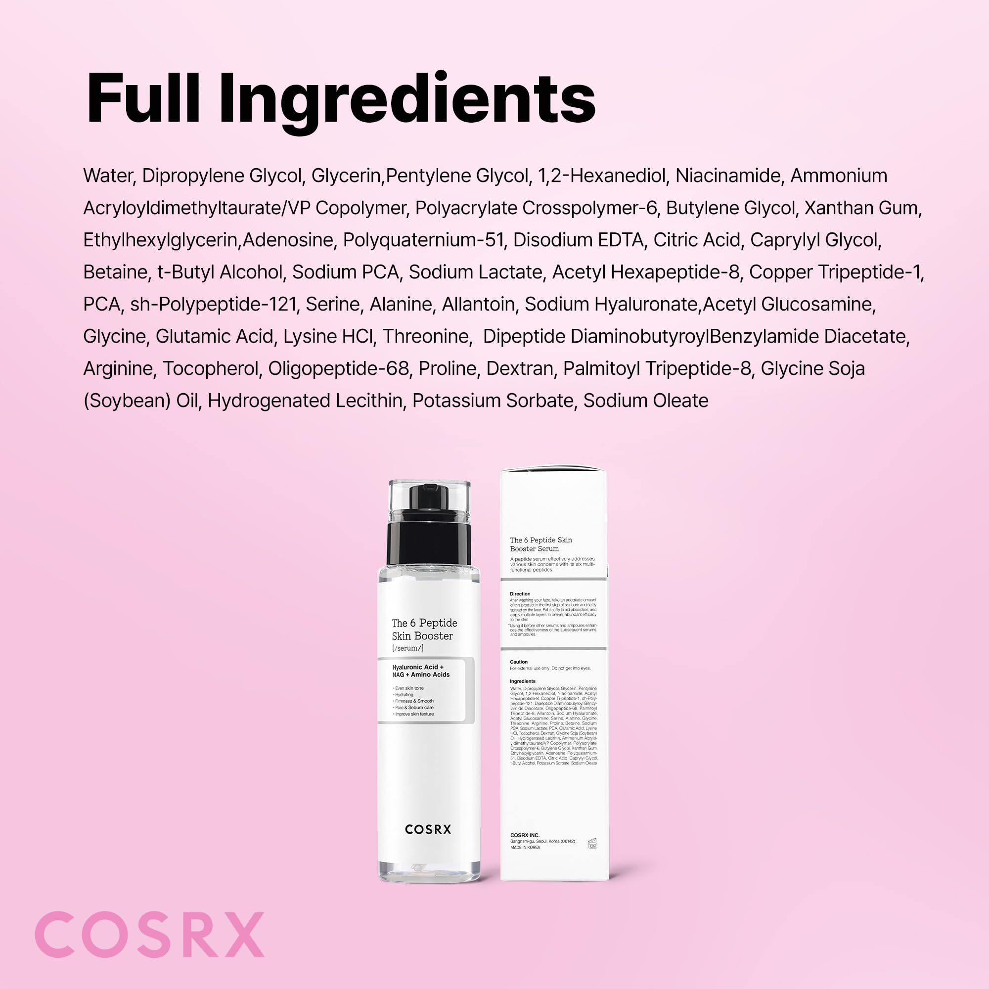 COSRX 6X Peptide Collagen Booster Toner Serum in a 5.07 oz bottle, featuring a clear liquid formula for skin hydration and firmness.