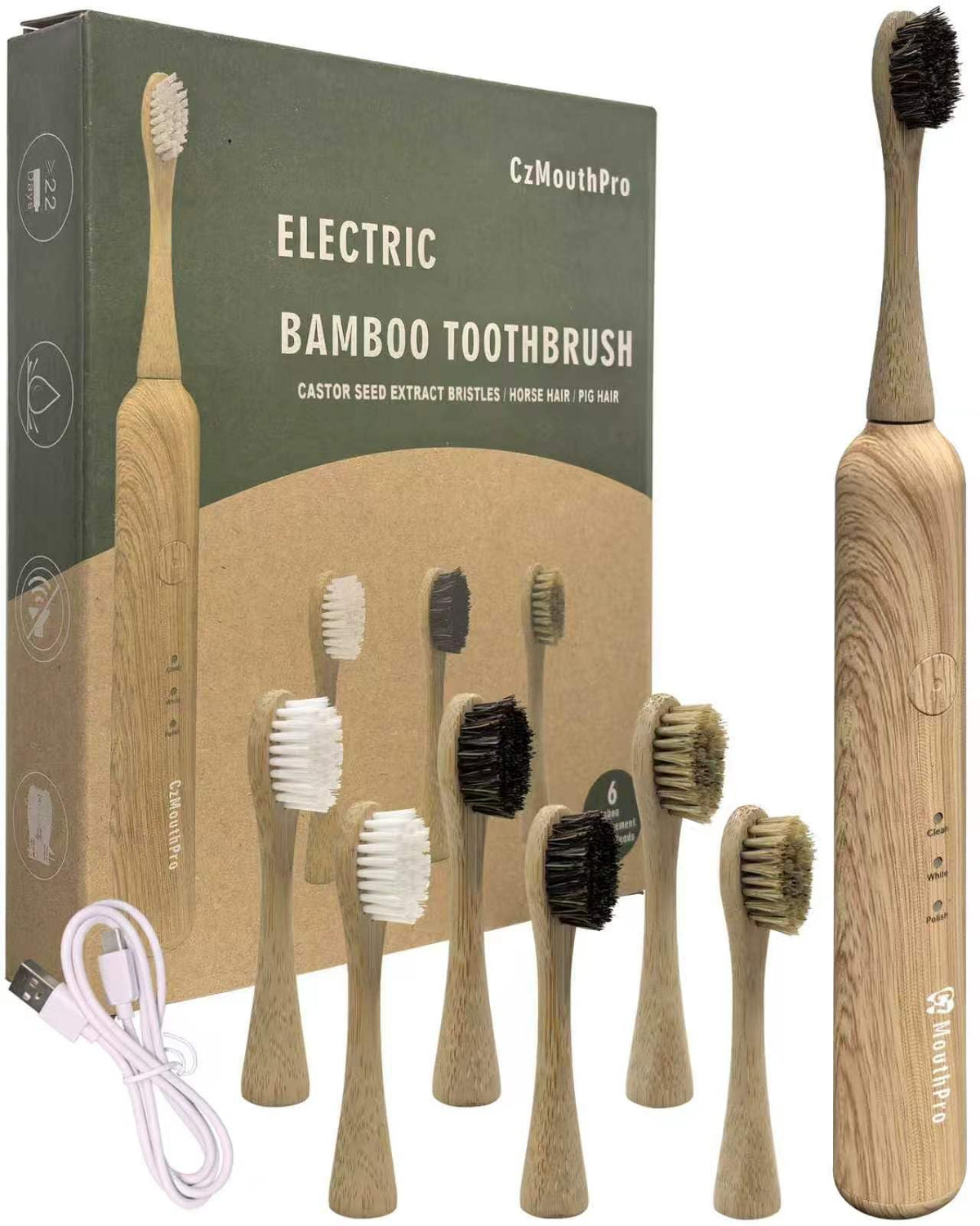 Bamboo Electric Toothbrush 6 Replaceable Bamboo Brush Heads - CzMouthPro Official Imagery - 2