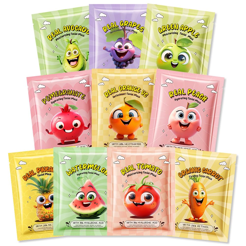 Kaely 10 Pack Fruit Face Masks for Kids, Kids Face Mask Spa Day - Product Imagery