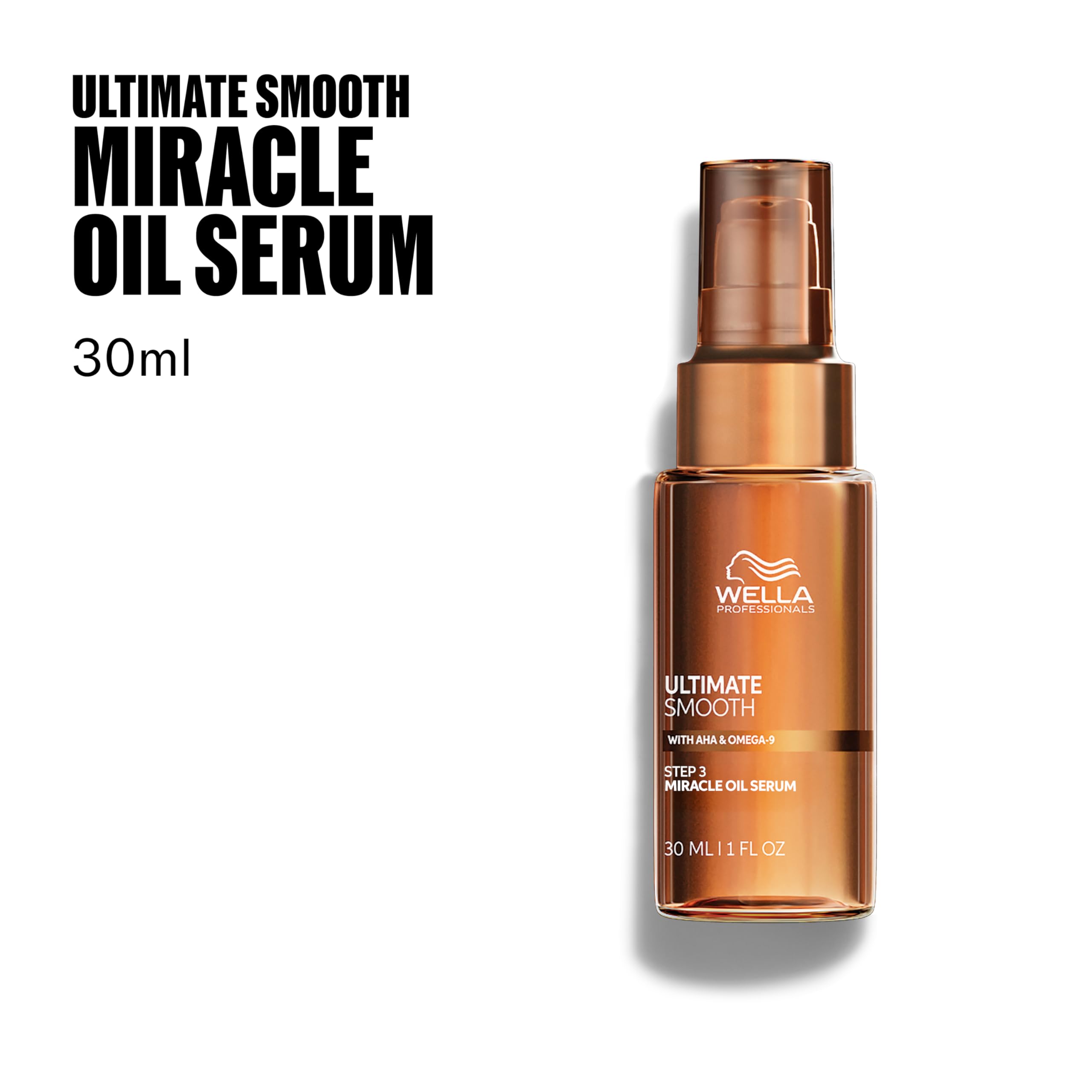 Wella Professionals Ultimate Smooth Miracle Oil Serum with Squalane for sleek, shiny hair styling and smoothness.