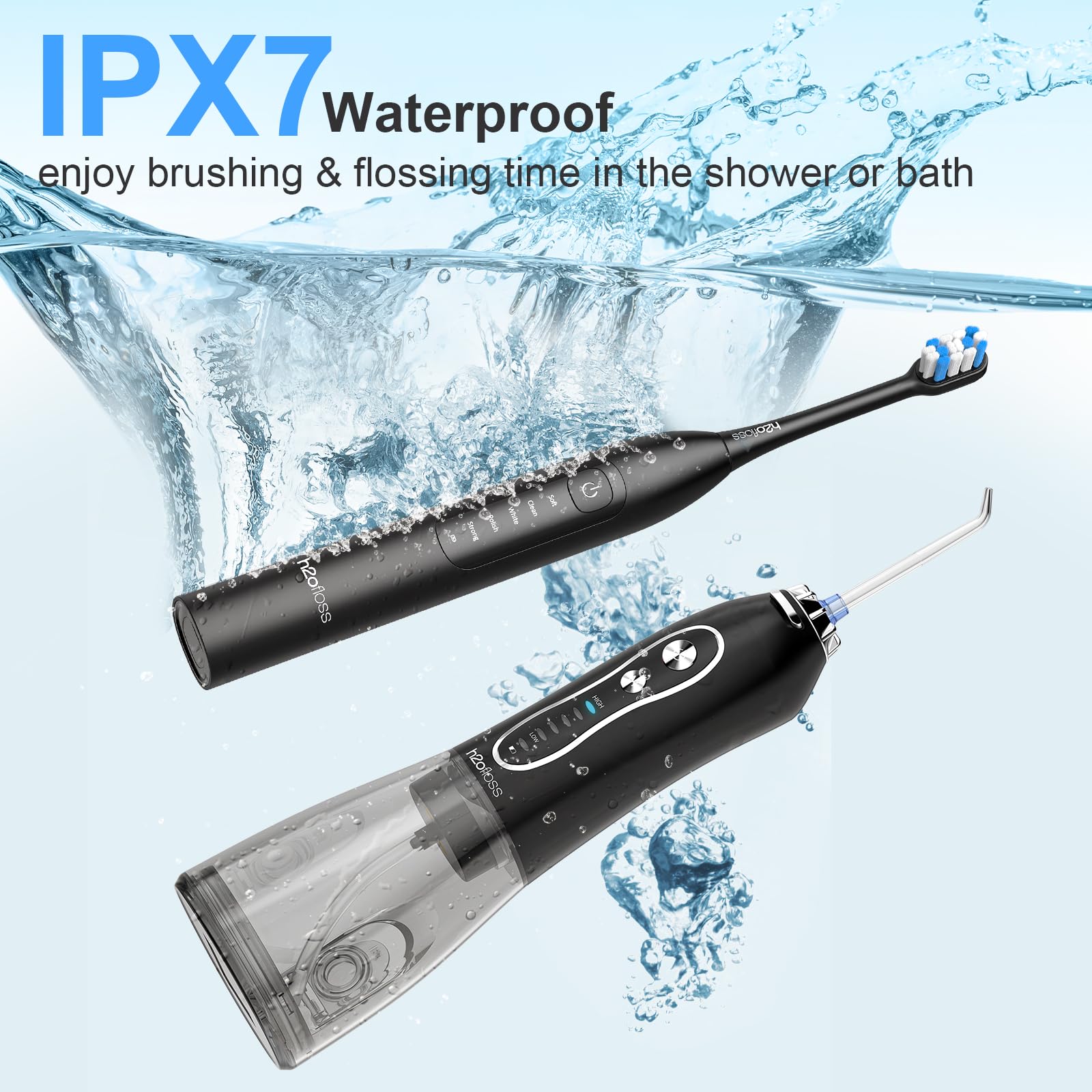 H2ofloss 2-in-1 water flosser and electric toothbrush combo, oral irrigator with jet tips and brush heads for dental hygiene.