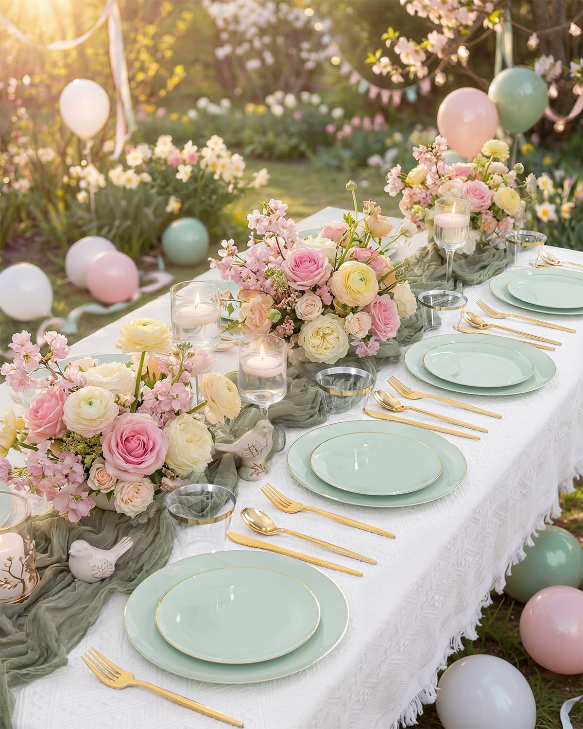 bUCLA 150PCS Green Plastic Plates - Sage Green with Gold Rim Disposable - Include 25 (Dinner & Dessert) Plates, 25 Knive