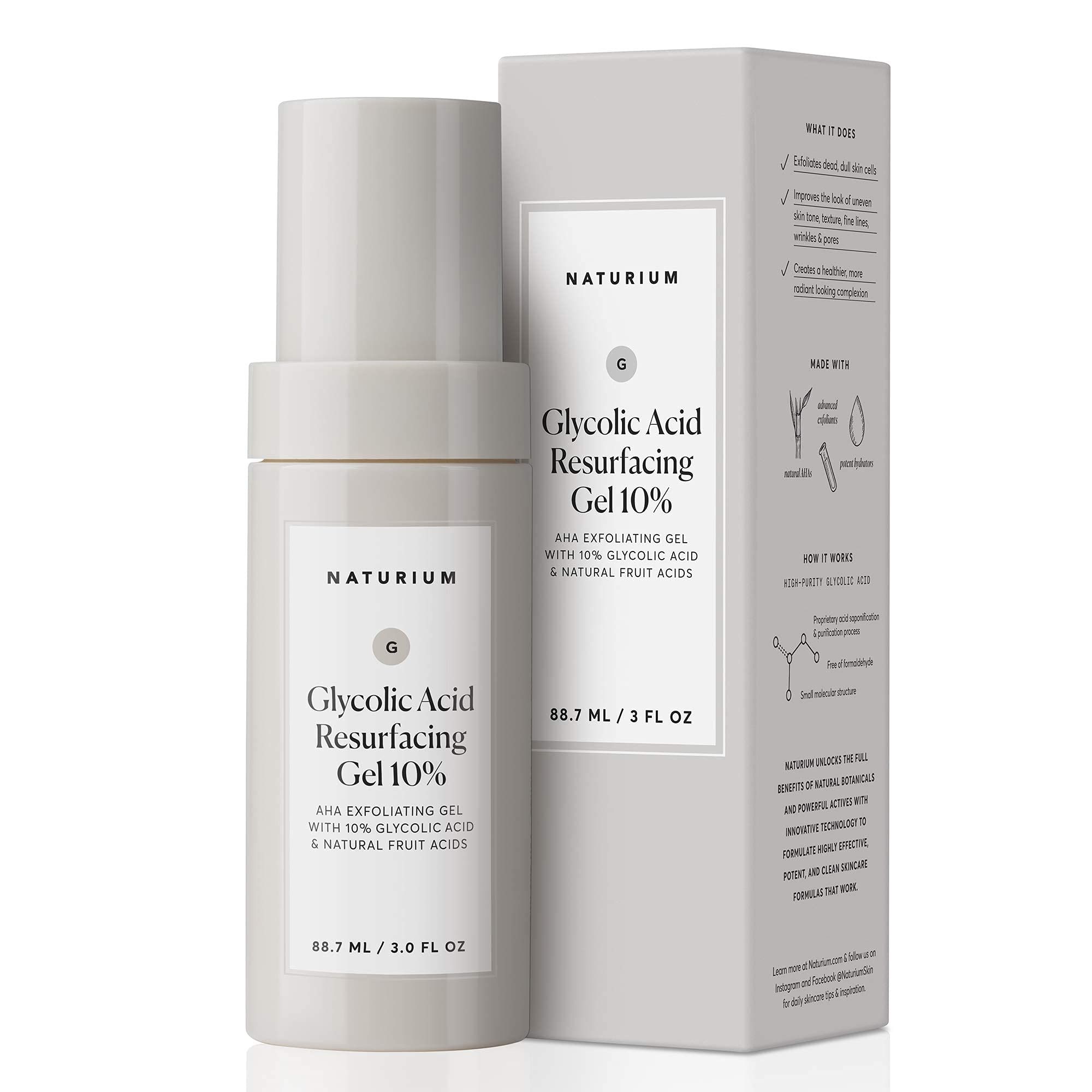 Naturium Glycolic Acid Resurfacing Gel 10% exfoliating skin gel with natural fruit acids in a 3 oz tube.