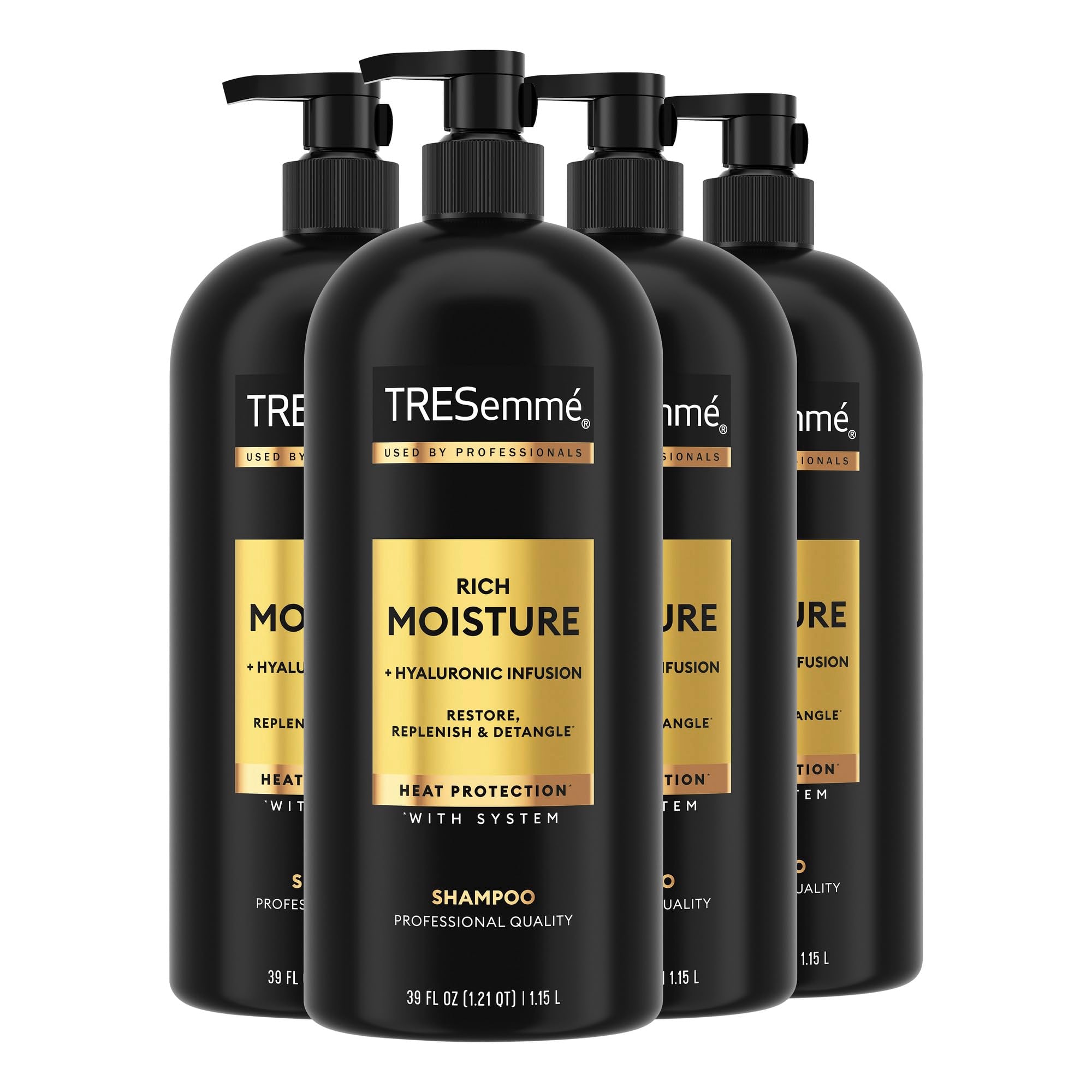 TRESemmé Rich Moisture Hydrating Shampoo bottles for dry hair, 39 oz each, arranged in a four-pack on a white background.