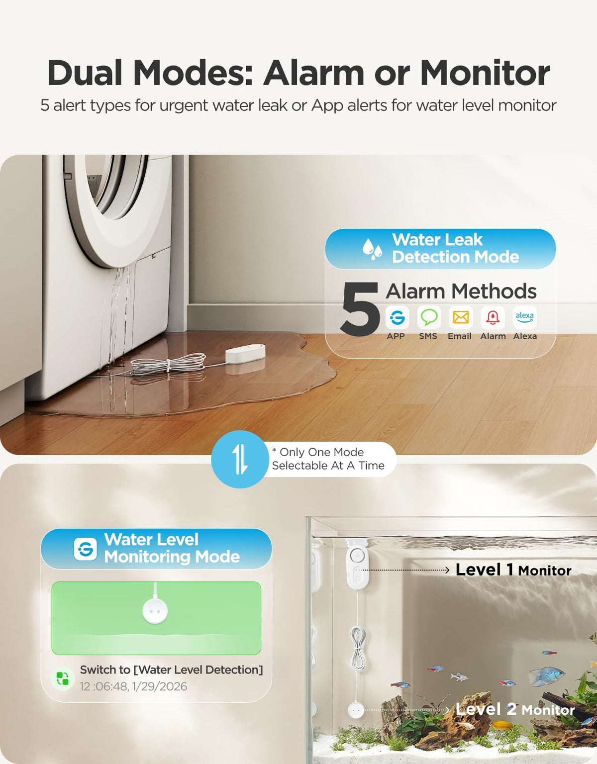 GoveeLife Upgraded Smart Water Leak Detector 1s with 4.92 ft Cable, 1 Pack – close-up detail in White