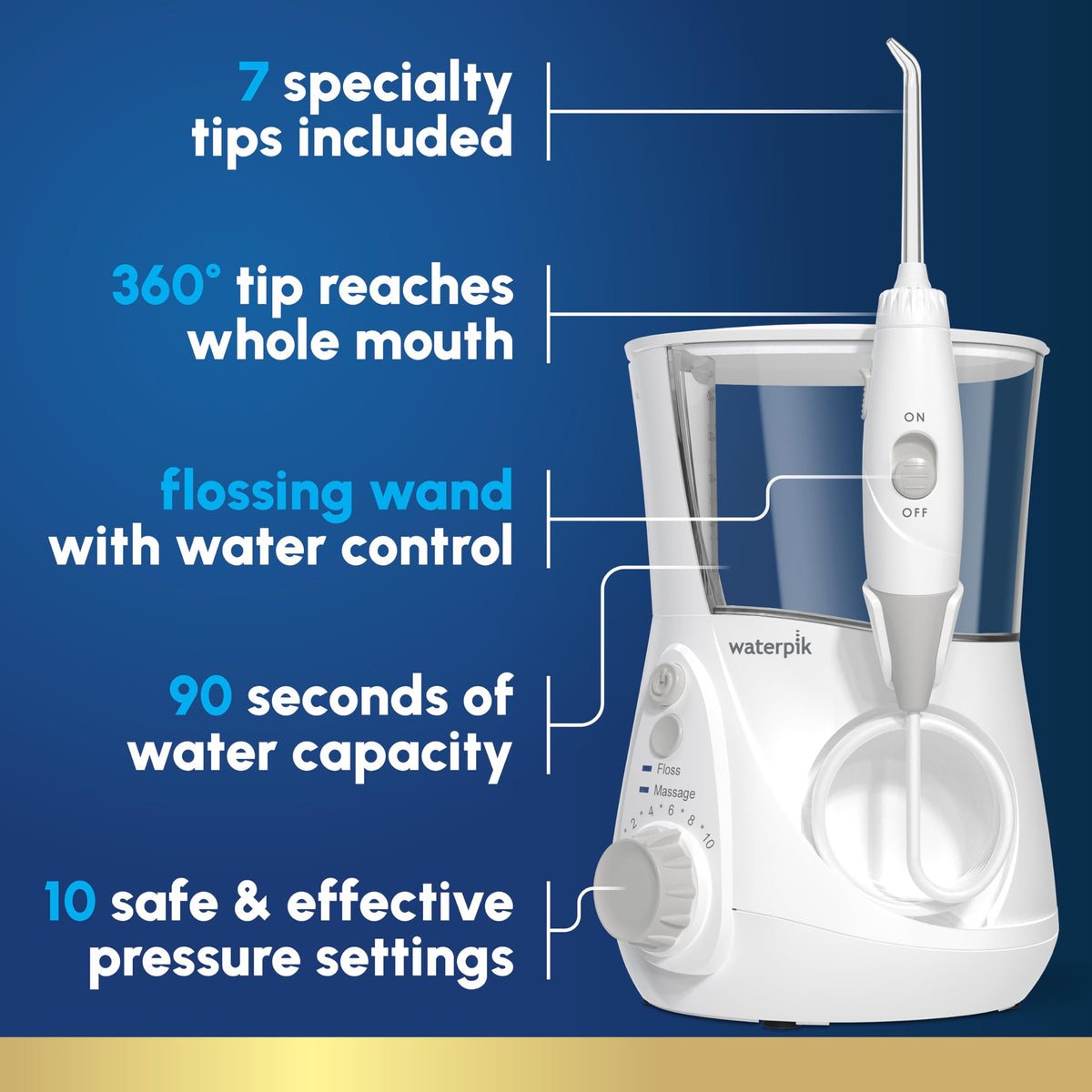 Waterpik Aquarius Countertop Water Flosser with 10 Settings, 7 Tips, White – close-up detail
