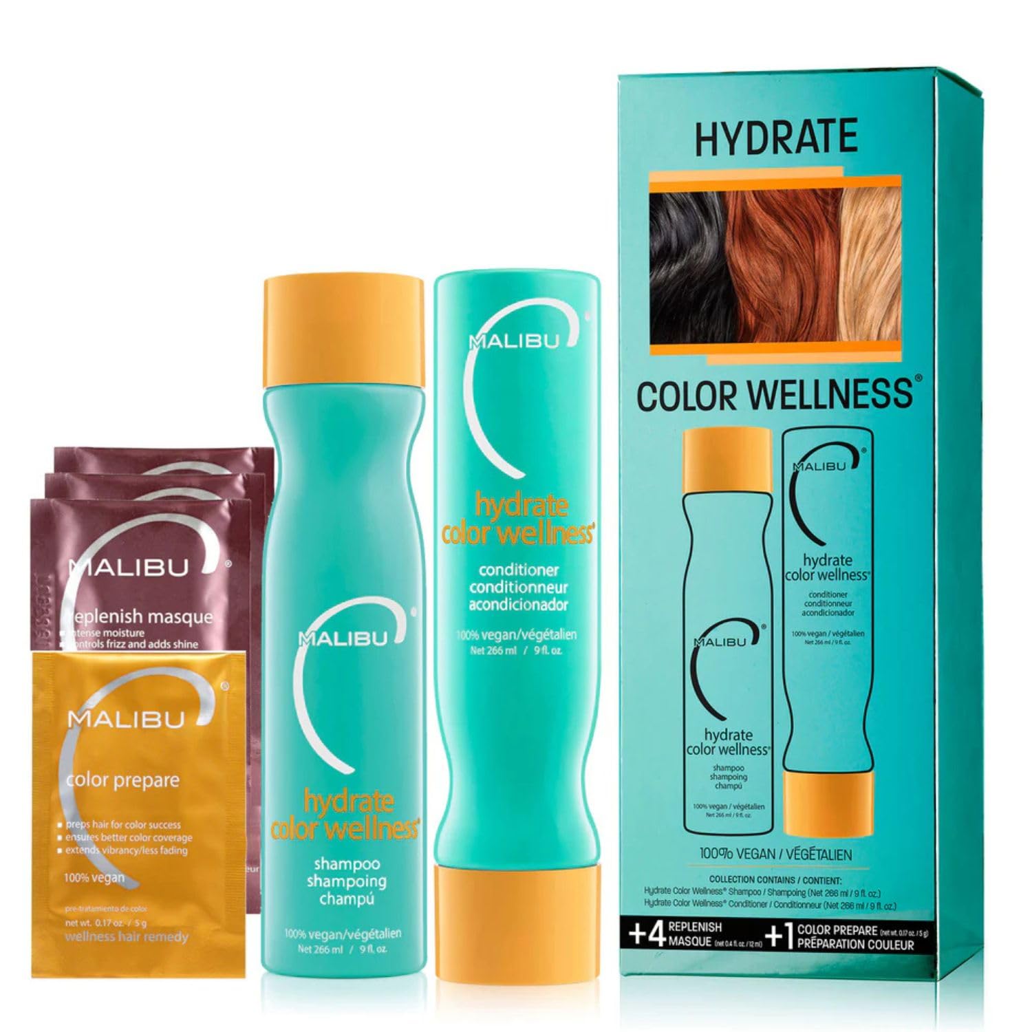 Malibu C color-safe shampoo and hydrating hair remedy kit with bottles of hair cleaner and conditioner on a white background.