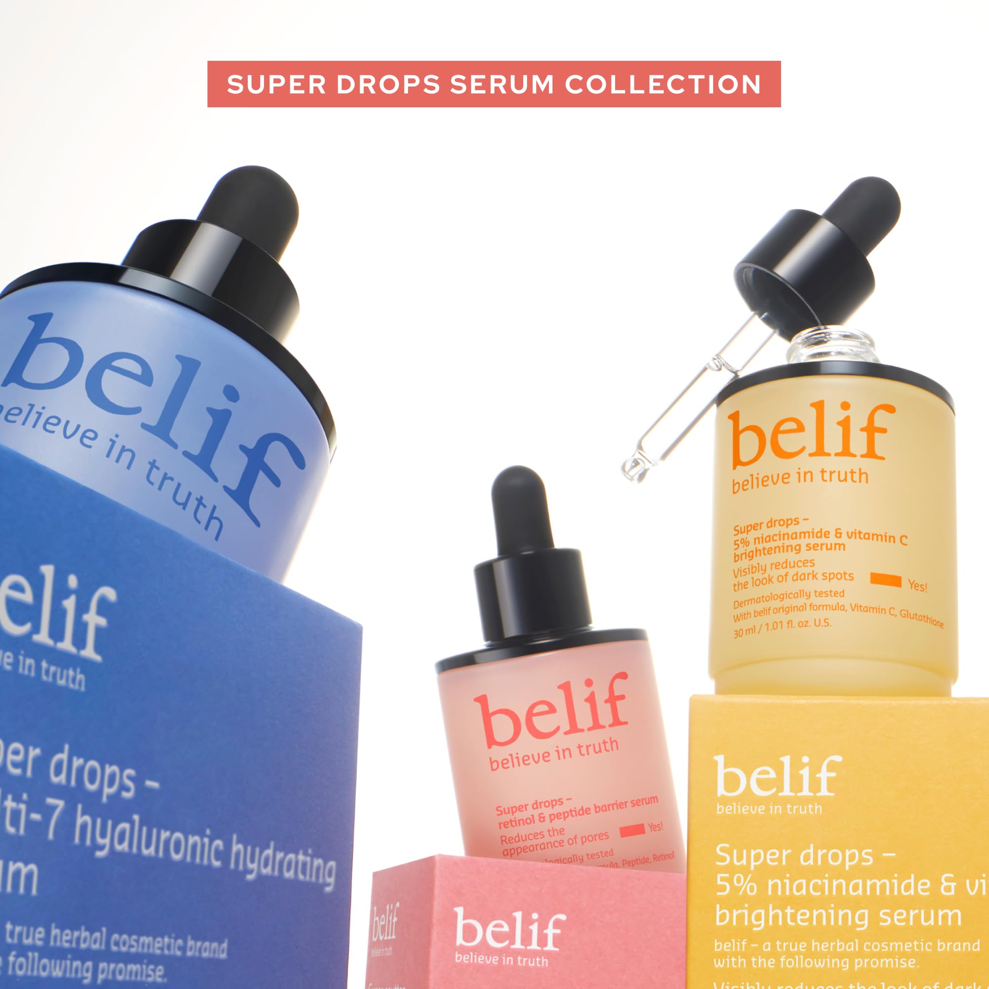 belif Retinol & Peptide Super Drops skin serum in a 1.01 fl oz bottle, featuring a clear dropper and sleek packaging.