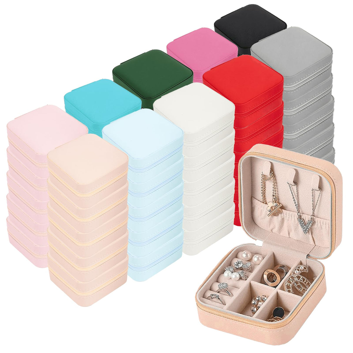 Nyuemystery 50 Pack Travel Jewelry Case Bulk, 10 Color 4×4×2 in Mini Portable Jewelry Box Organizer for Rings Earrings N