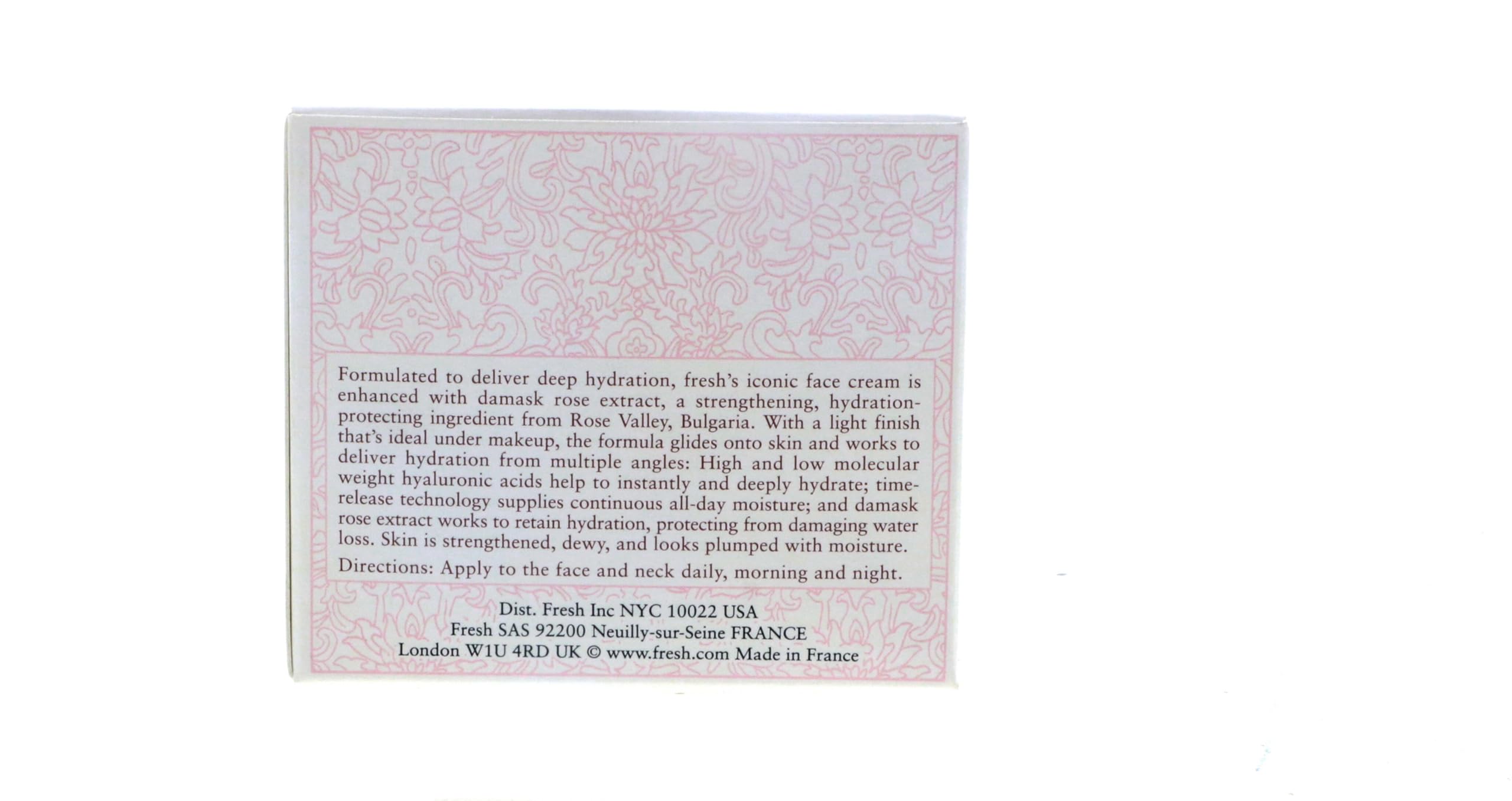 Fresh Rose Deep Hydration Face Cream in a 1.6 oz jar, featuring a light pink rose scent and smooth moisturizer texture.
