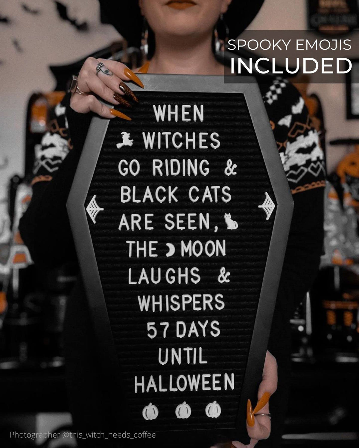 Nomnu Coffin Letter Board with 80 Spooky Emojis and Bat Stickers, 17x10.5" – Black, Felt, 17" Inches Tall , 10.5