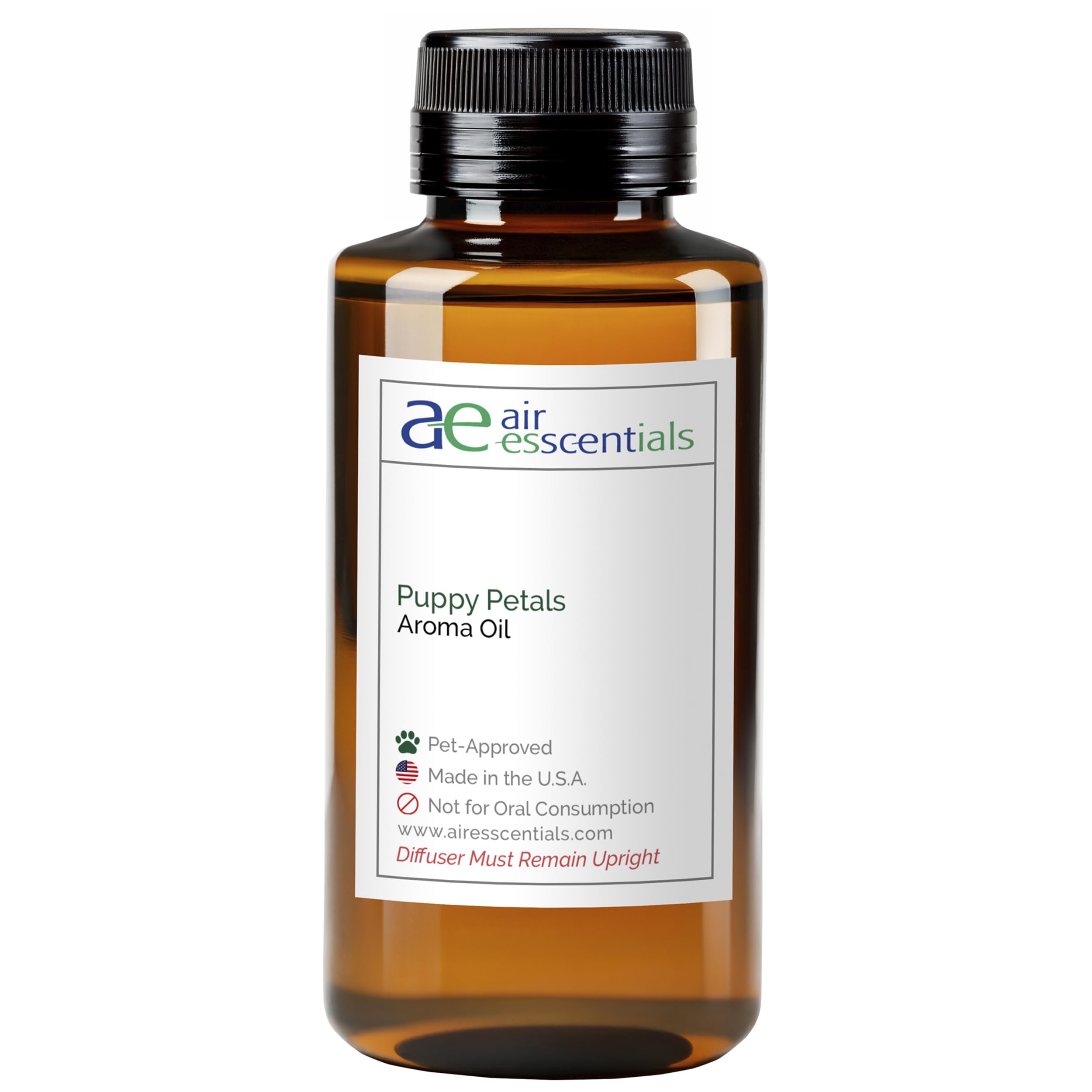 Air Esscentials Puppy Petals pet-safe aroma oil bottle, 300mL, with floral label and clear plastic cap.