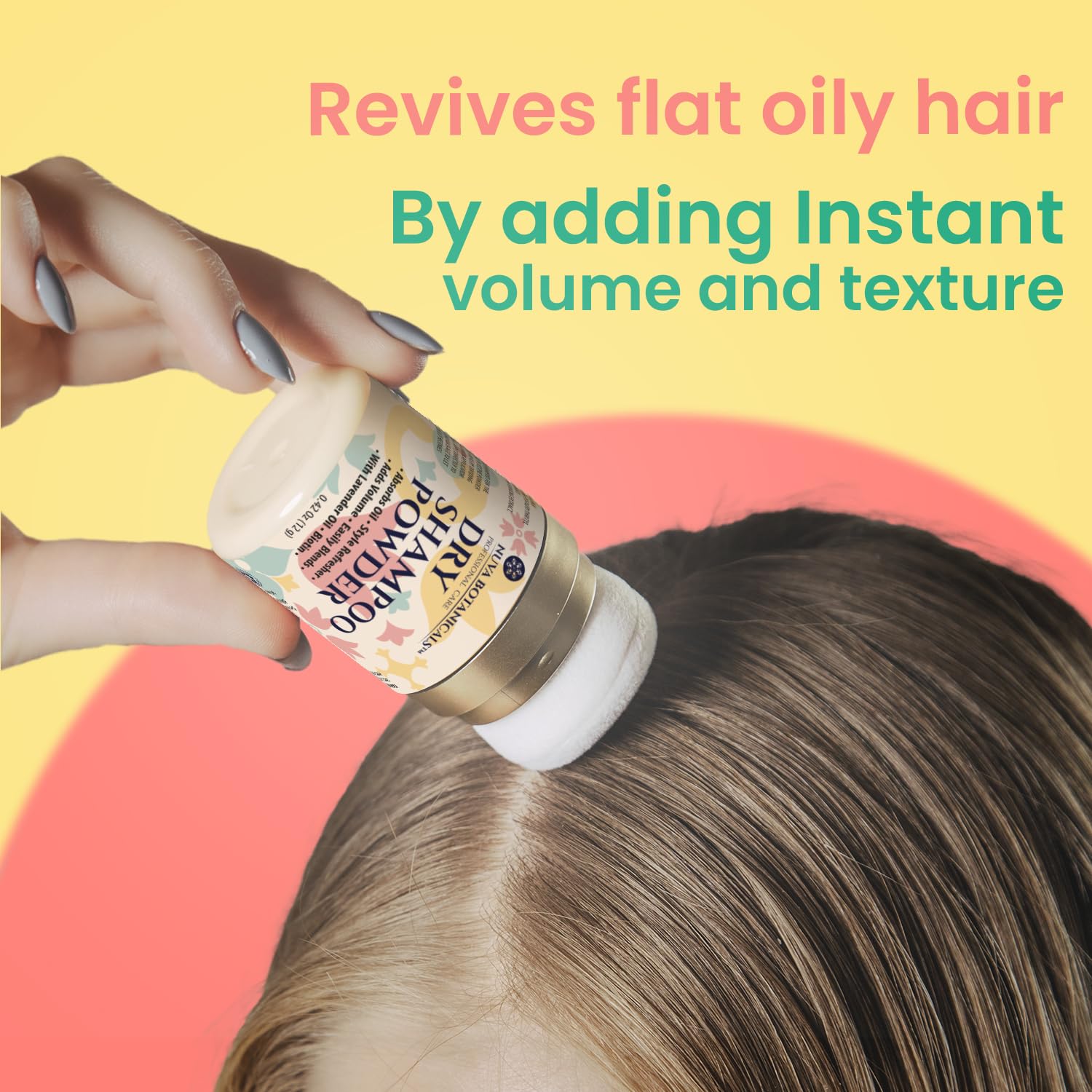 Nuva Botanicals lavender dry shampoo powder in a 0.42 oz travel container, natural hair refresh and refreshes scalp.