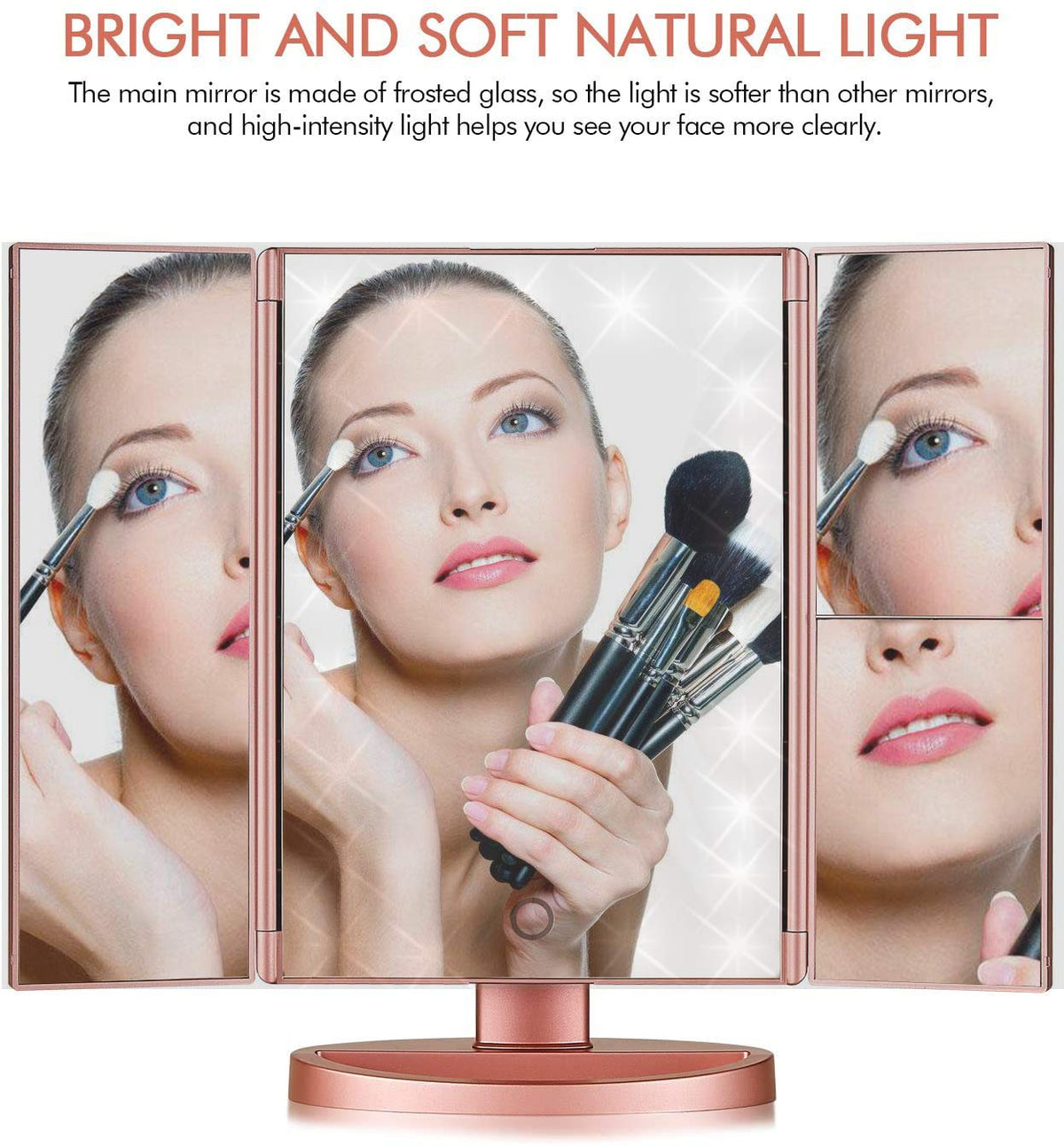 Infitrans Trifold Makeup Mirror Vanity Mirror with Lights,1X 2X 3X Magnification,Touch Control,Adjustable Rotation,Dual 