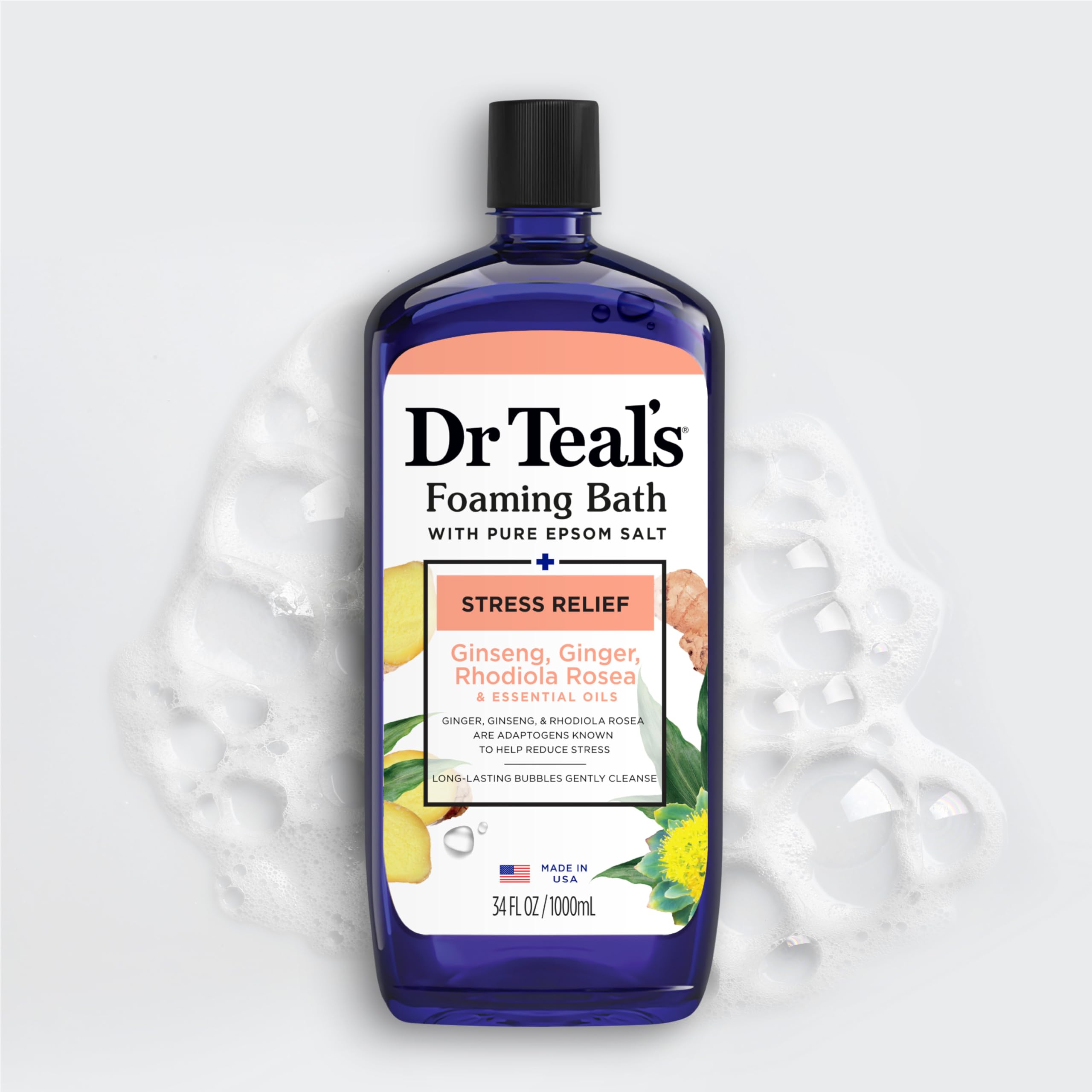 Dr Teal's foaming bath with Epsom salt, ginseng, and ginger in a 34 fl oz bottle, shown in a pack of four for stress relief.