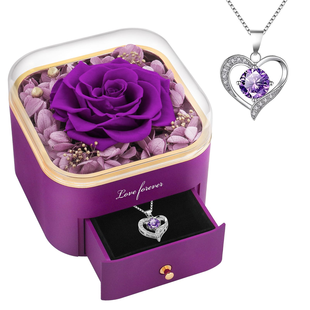 Beferr Birthday Gifts for Women Preserved Real Rose with Necklace Eternal Purple Roses Forever Flowers for Delivery Anni