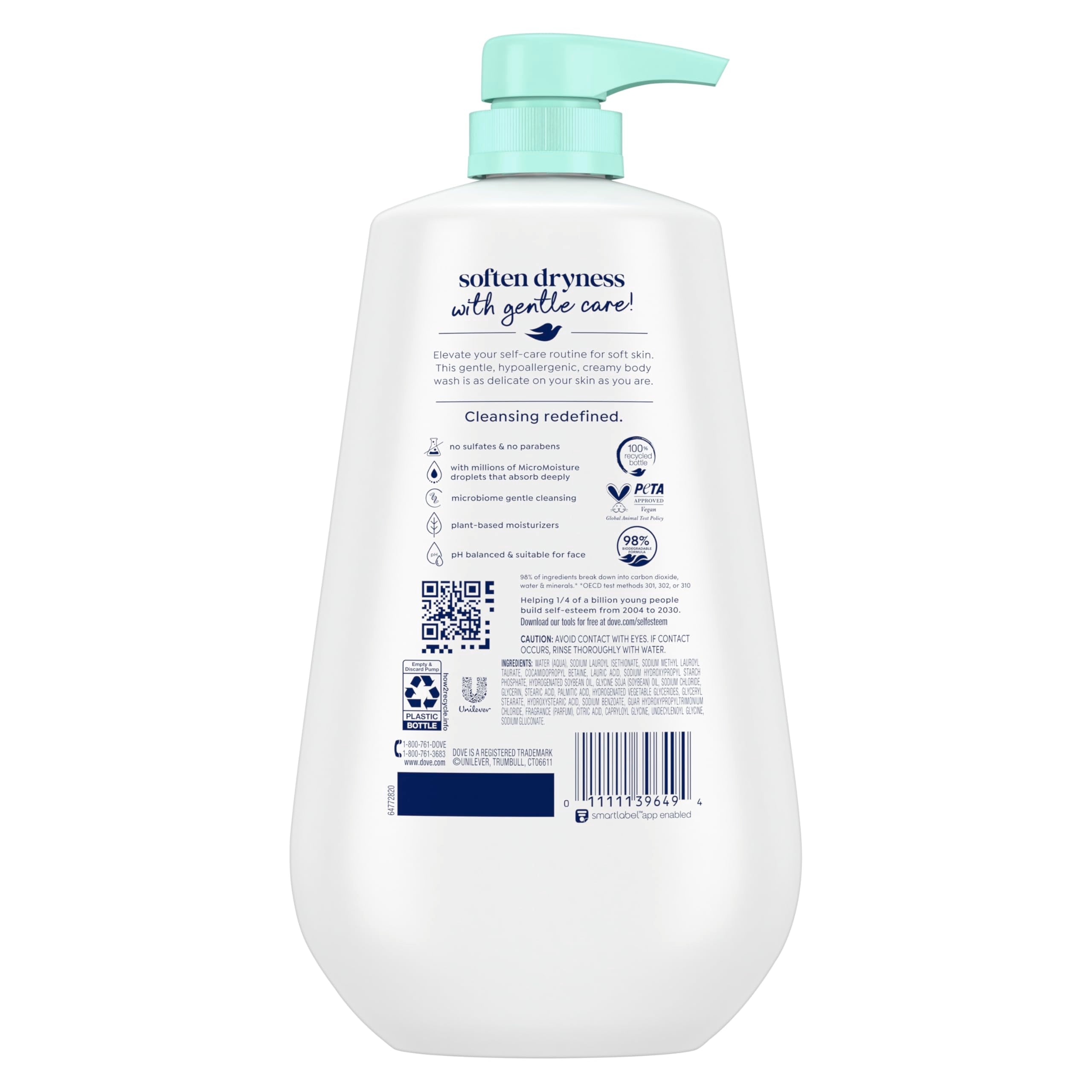 Dove 24-hour sensitive skin body wash with pump, 30.6 oz, in a white bottle with blue accents and label.