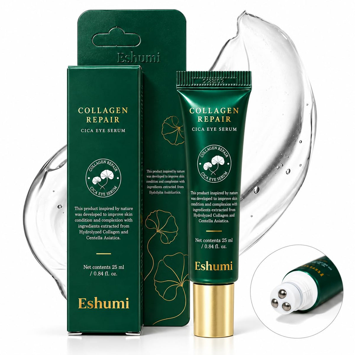 ESHUMI Collagen Repair Rolling Cica Eye Serum - Korean Cooling Rollerball Eye Massager Serum for Tired Eyes, Hydration &