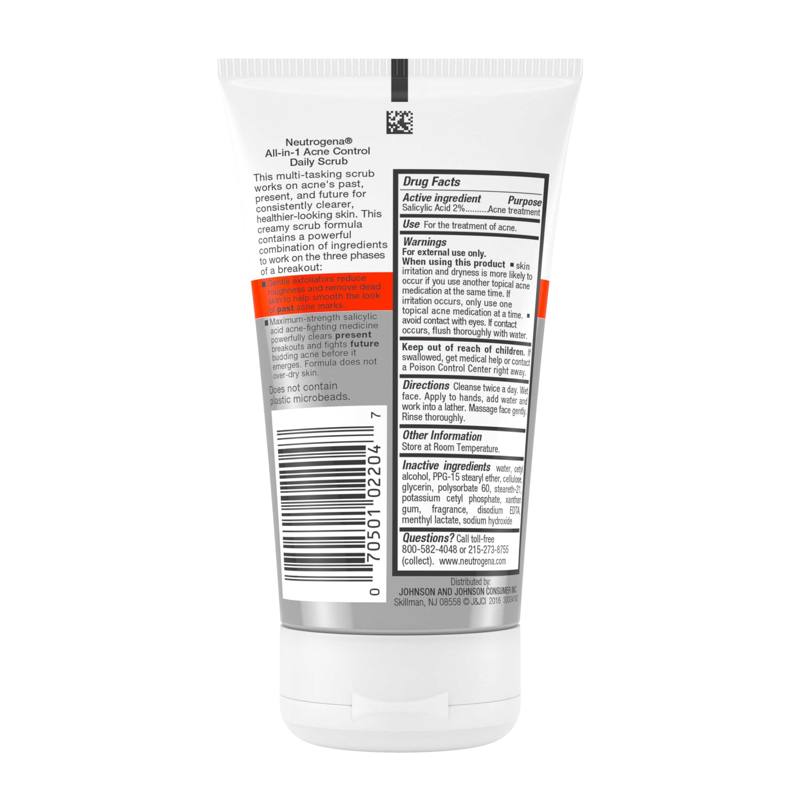 Neutrogena All-In-1 Acne Control Daily Face Scrub in 3 bottles, exfoliating skin and controlling acne with gentle scrub particles.