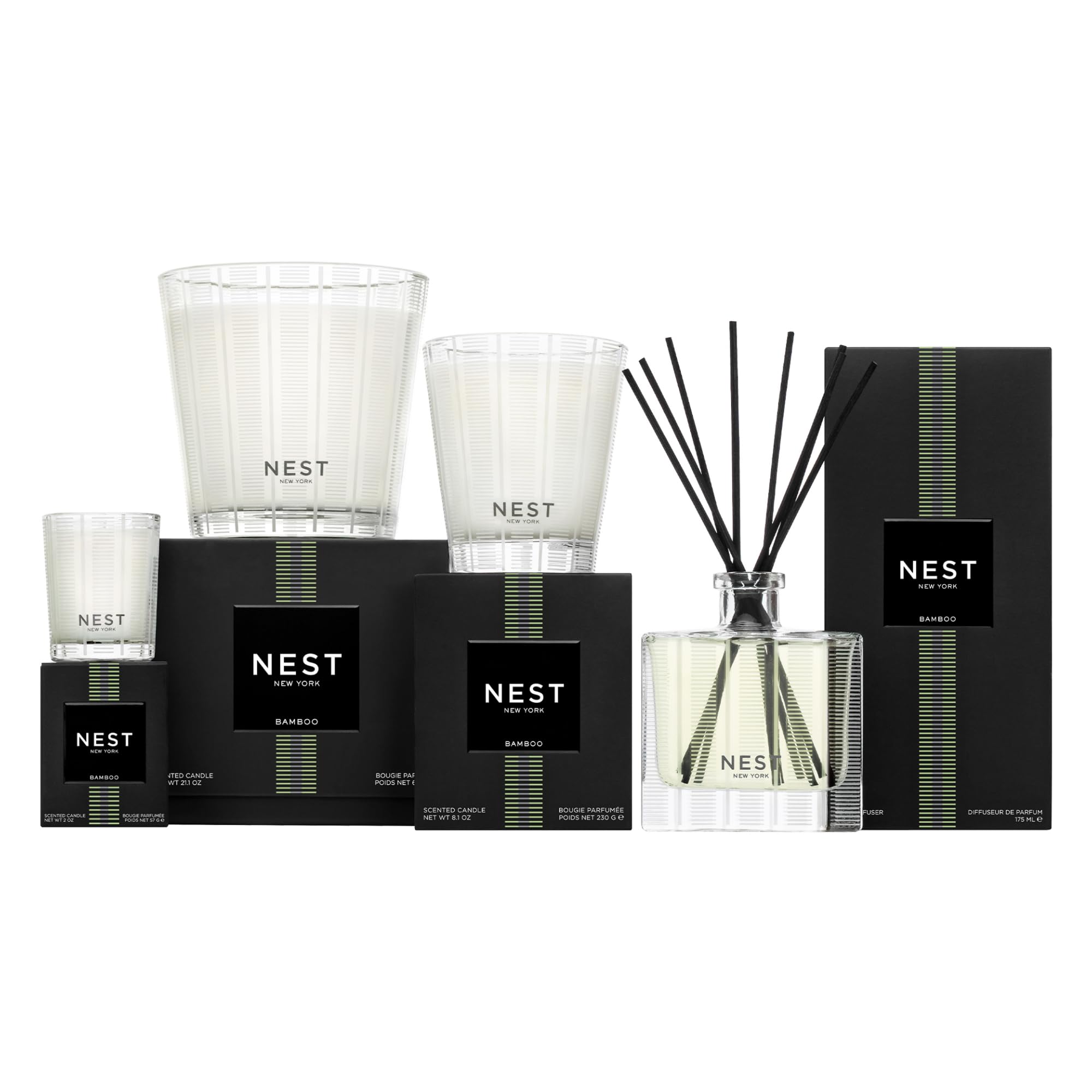 NEST New York bamboo reed diffuser refill in 5.9 fl oz bottle, designed to refresh with natural bamboo scent and decorative reed sticks.