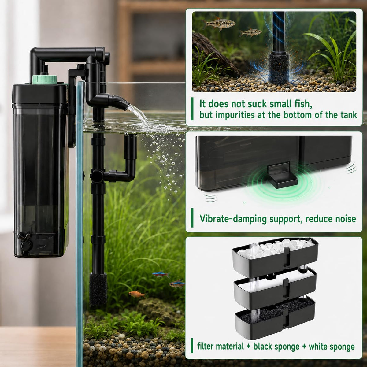 Etnorsu External Hang On Back Canister Aquarium Filter, Quiet Fish Tank Filter with 3-Stage Filtration,Anti-Dry Burn Mot