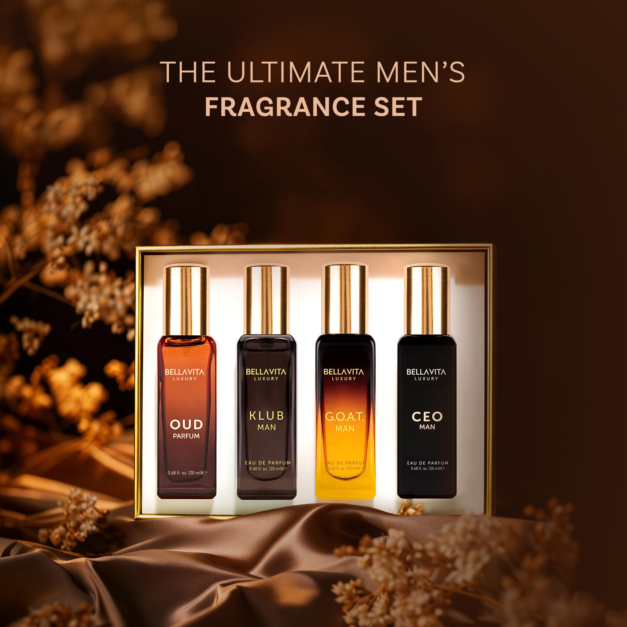 Bella Vita Luxury men's perfume gift set with four 20ml bottles, featuring elegant packaging and diverse fragrance options.