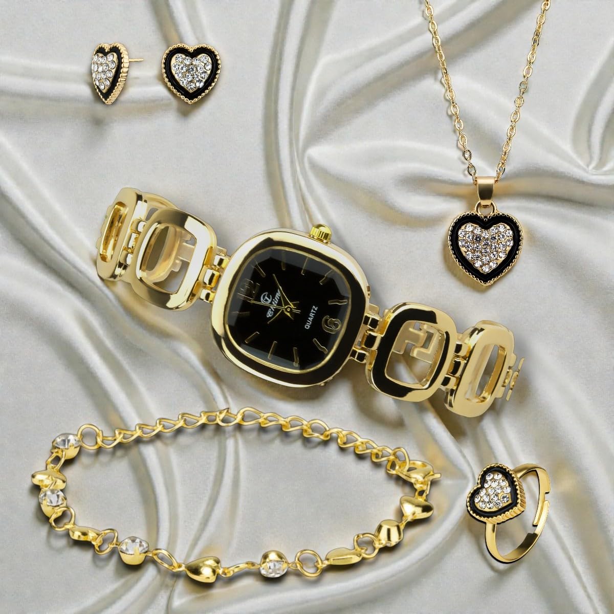 BELLOS Gift Set Women's Watch Black - jewelry Set- Necklace-Ring- Earrings - Band – product photo (Wrist Watches)