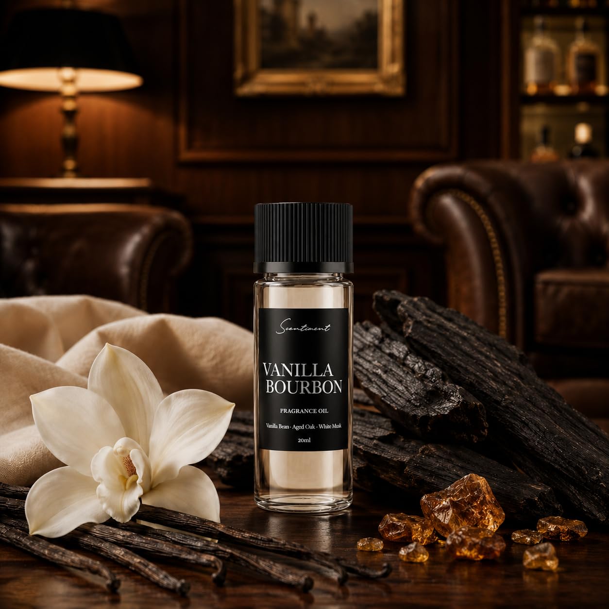 Scentiment Vanilla Bourbon hotel diffuser oil bottle with 20ml essential oil, featuring a clear glass container and labeled packaging.