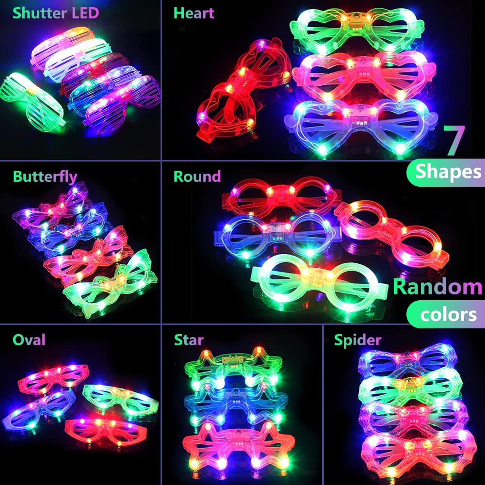 FathiSooc 21 Pcs LED Glasses 7 shapes 6 LED Glow In The Dark Party Supplies Favor for Kids Adults shutter heart round st